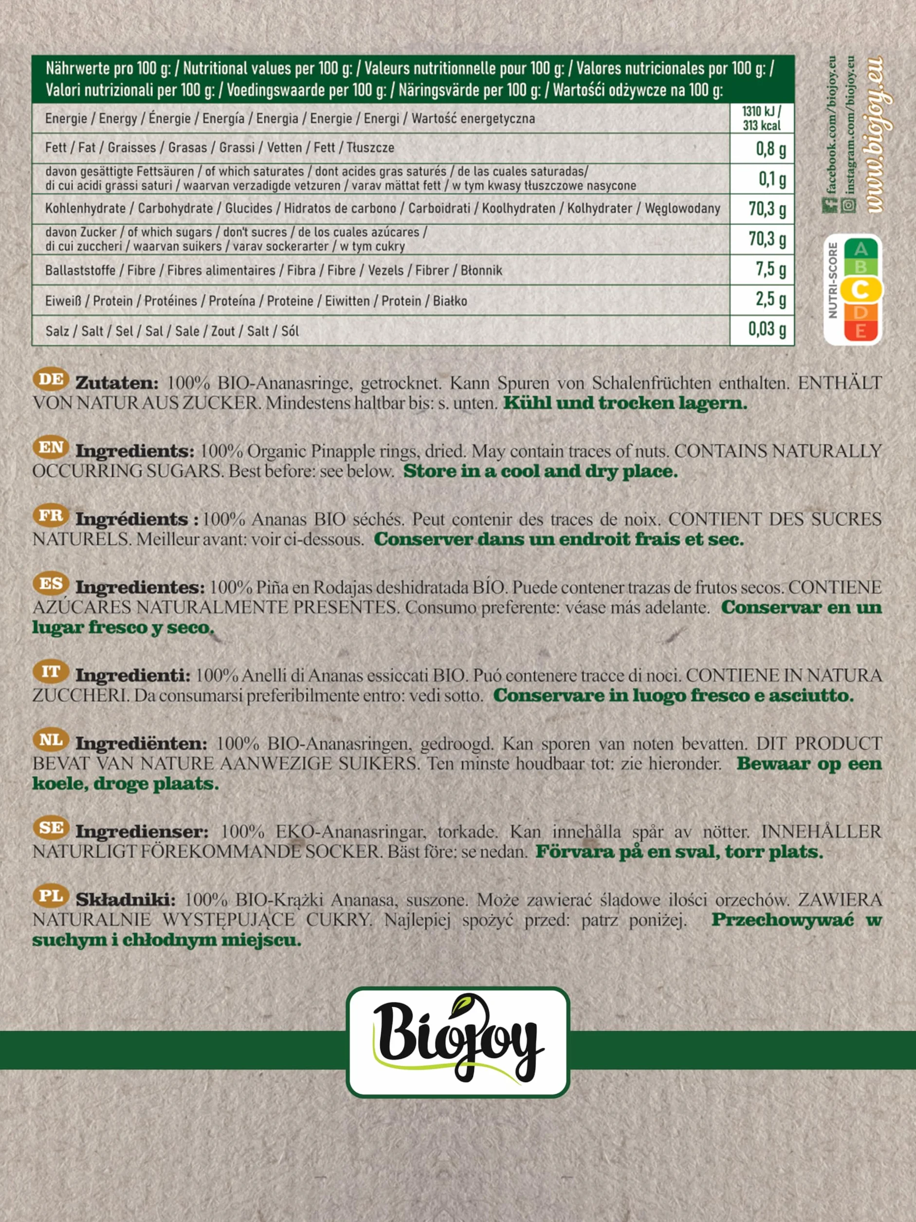 Biojoy BIO-Krążki ananasa suszone bez cukru i substancji konserwujących (250 g)