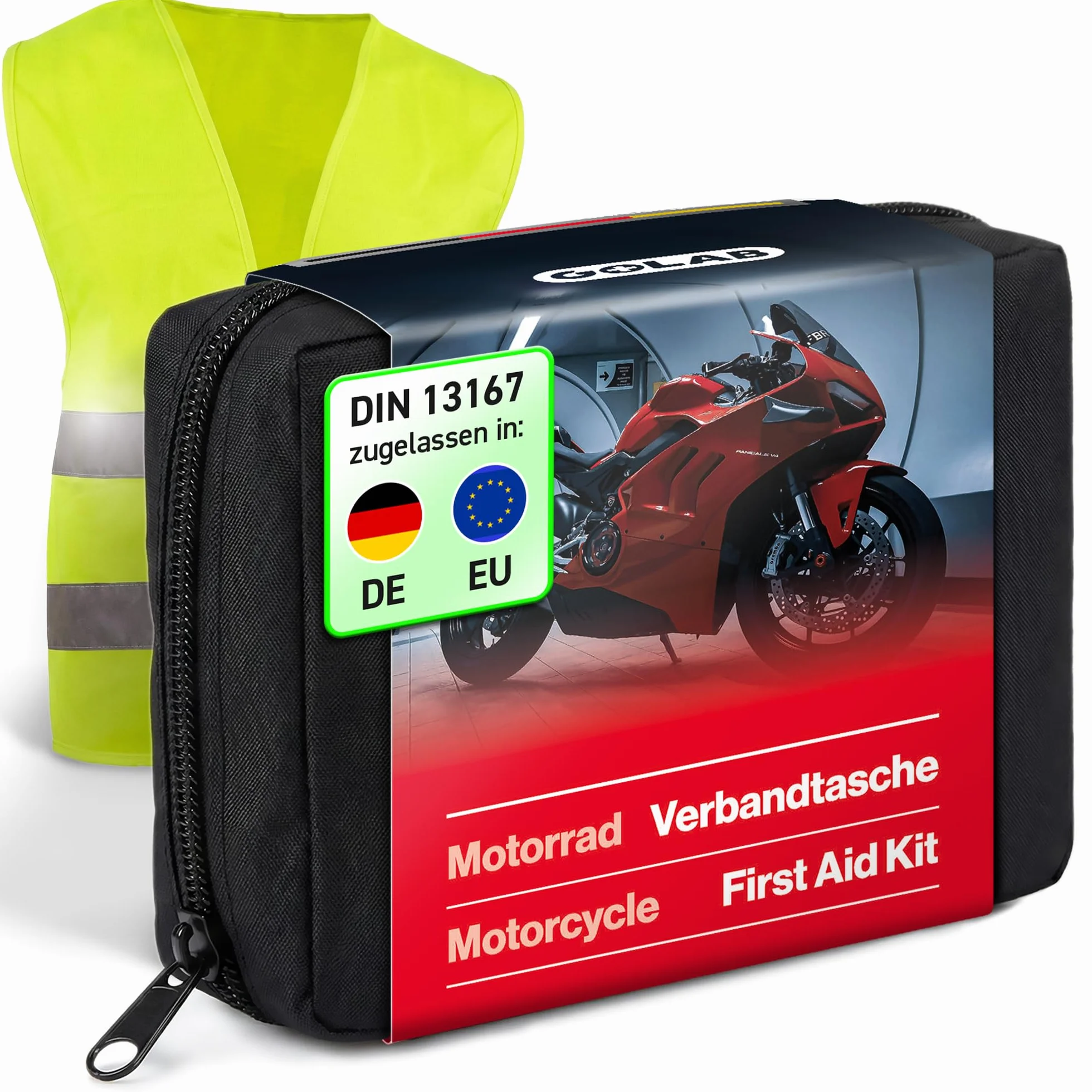 GoLab ® Motorrad Erste Hilfe Set - klein und kompakt, Verbandtasche nach DIN 13167 mit Warnweste für alle europäischen Länder geeignet (Österreich, Schweiz, Italien, Deutschland usw.)