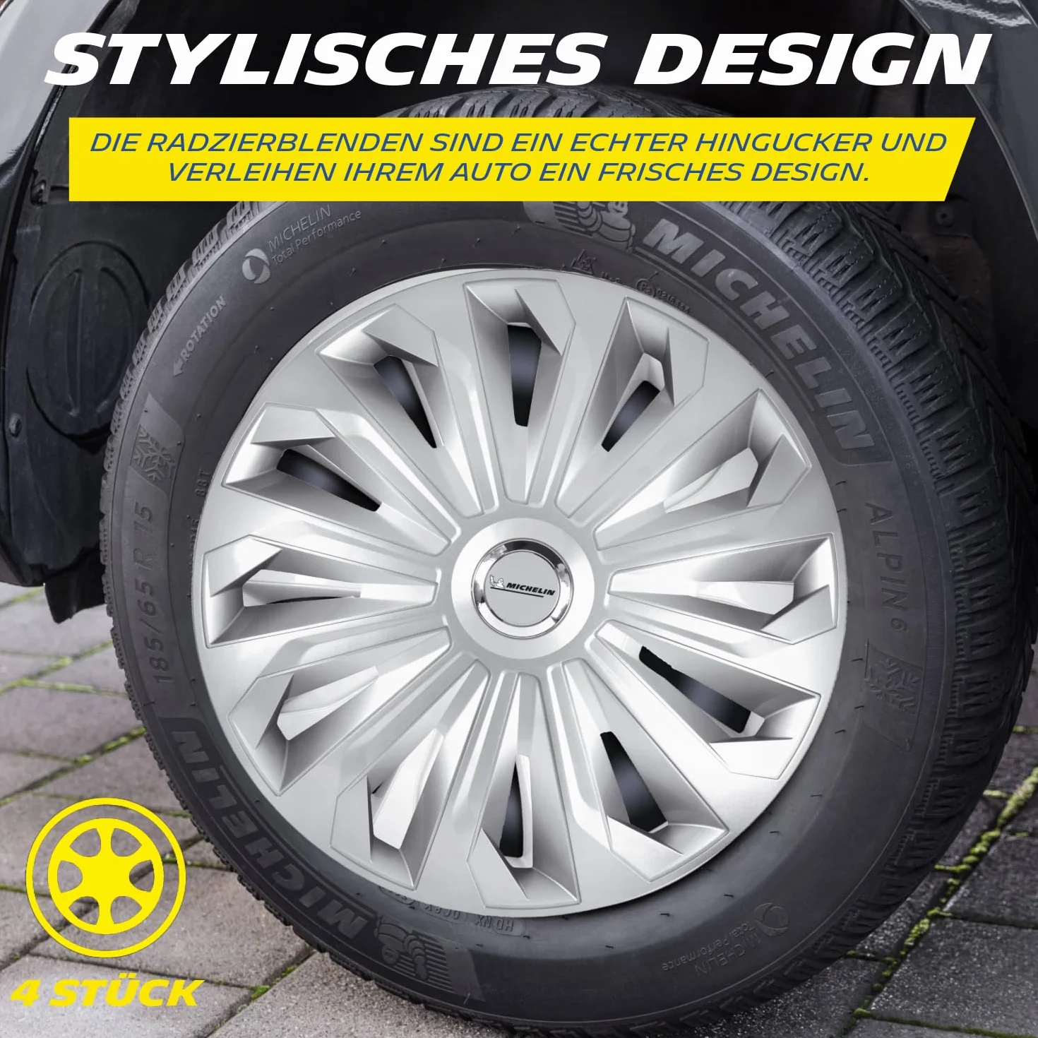 MICHELIN Uniwersalne kołpaki ozdobne MX-MS 15 cali zestaw 4 sztuk tworzywo sztuczne ABS srebrne chromowany pierścień