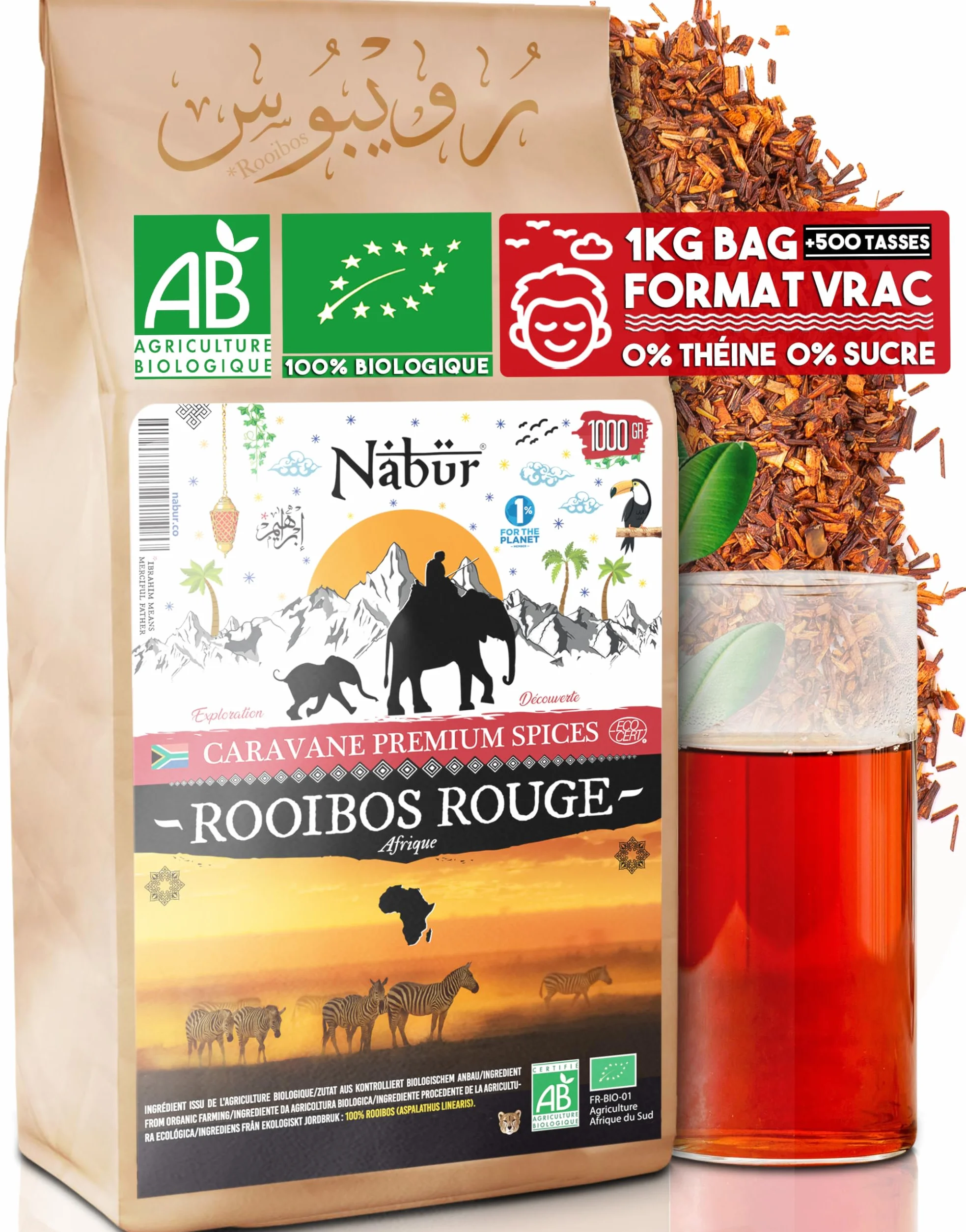 Nabür - Rooibos Rouge BIO 1kg | Thé Rouge Antioxydant | Sans Théine/Caféine | Doux, Relaxant, Riche (1000gr)