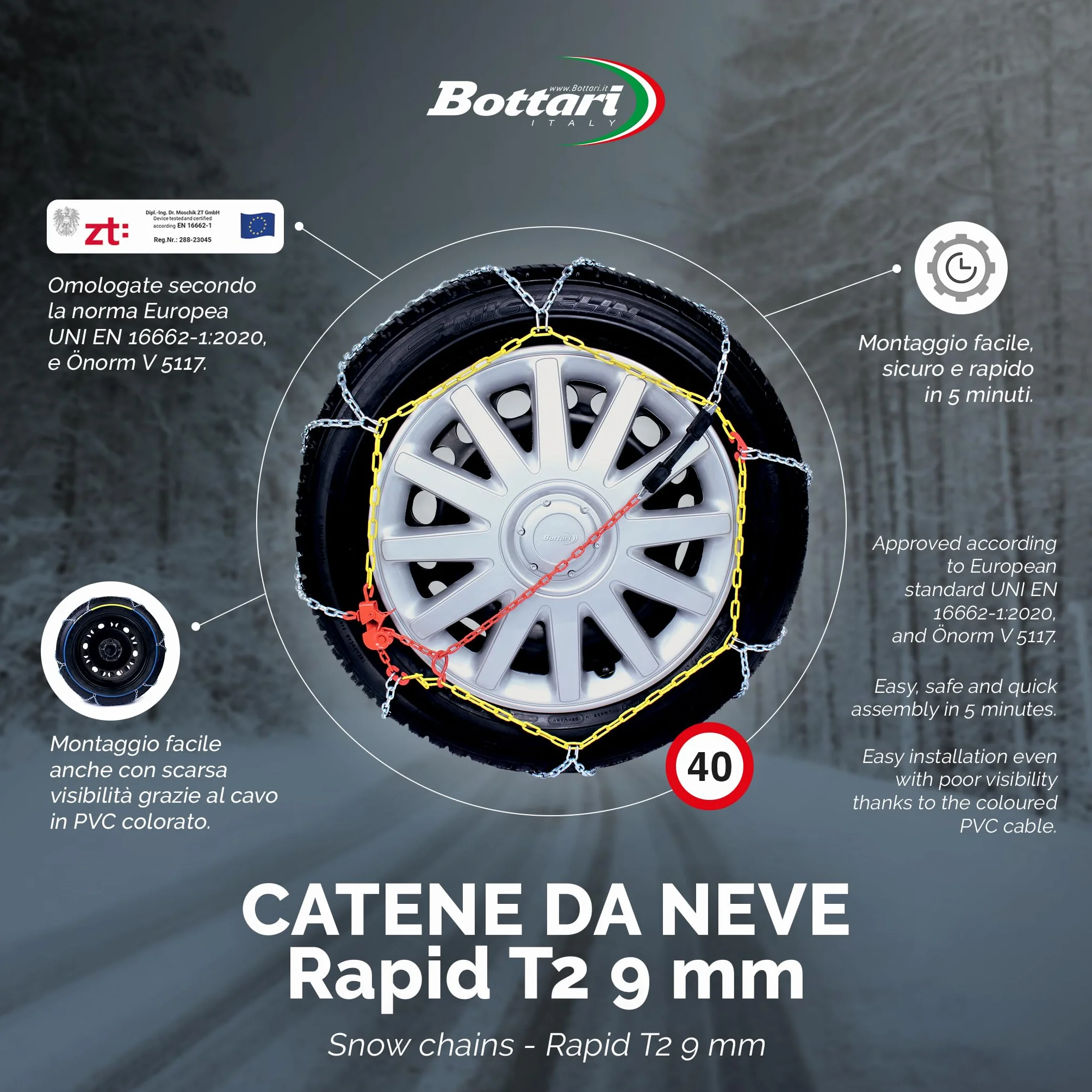 Łańcuchy śniegowe Bottari Rapid T2, łańcuchy samochodowe 9 mm, łańcuchy śniegowe z homologacją TUV i GS Onorm, różne rozmiary