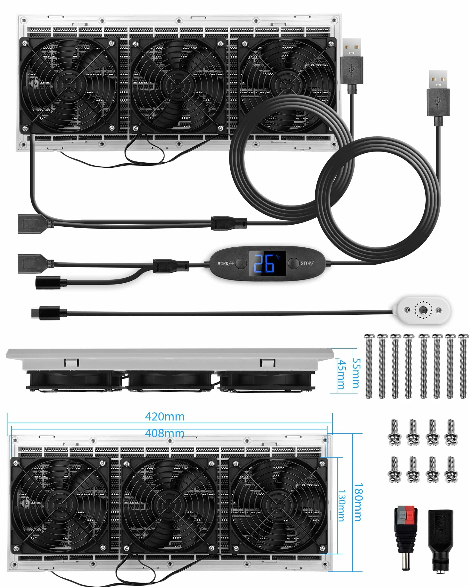 Wentylator wentylacyjny USB 120 mm, cyfrowy wyświetlacz 3 w 1, cichy system wentylatora, 10 stopni prędkości, IPX5, napięcie 5-12 V, do samochodów kempingowych, szaro-biały
