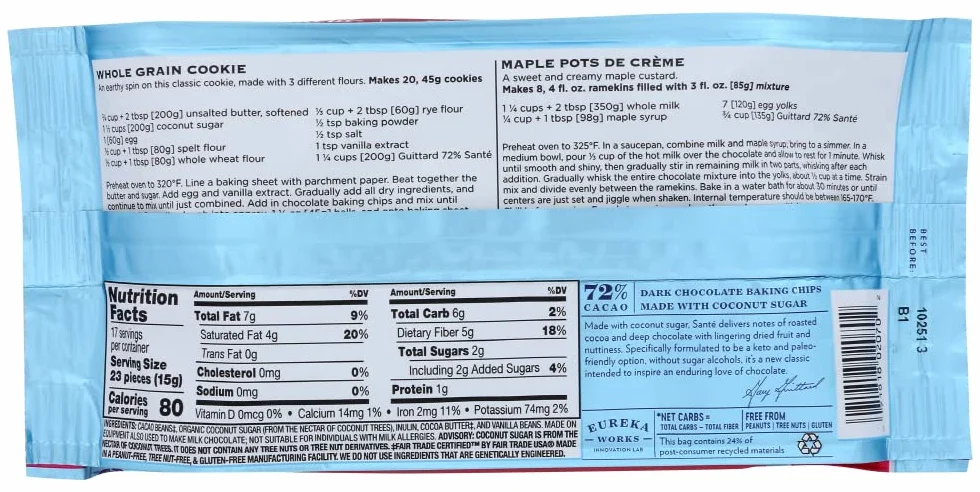 Guittard Chocolate Chips Santé – 72% Gorzka Czekolada z Cukrem Kokosowym, 255 g – Przyjazna dla Diet Keto & Paleo, Bez Cukru Rafinowanego – Intensywny Smak z Nutą Wanilii