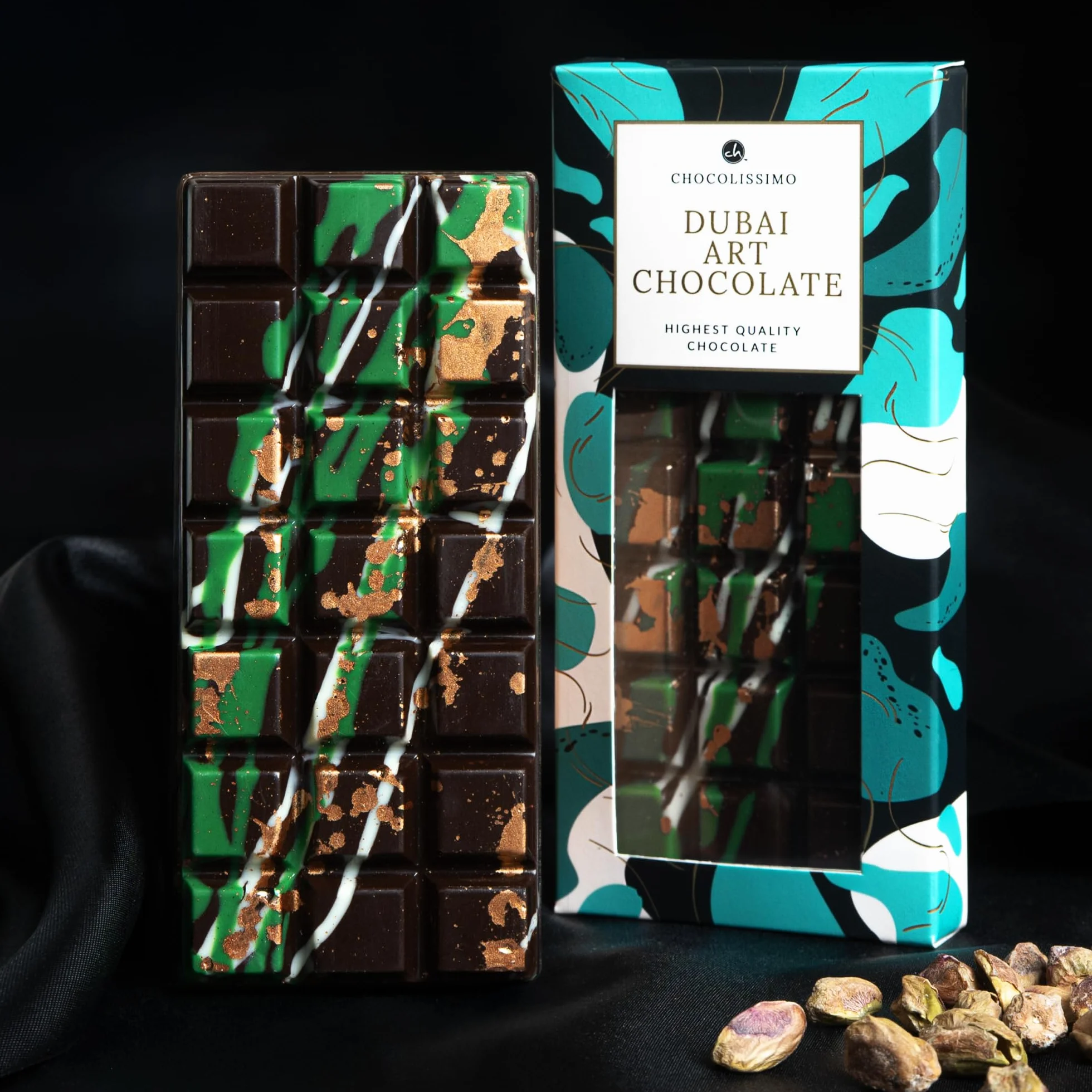 CHOCOLISSIMO - Dubai Dark Chocolate - Czekolada Dubaj, Prezent dla kobiety, dla mężczyzny, Delikatna belgijska ciemna czekolada z nadzieniem pistacjowym i ciastem Kadayif, Czekolada pistacjowa premium