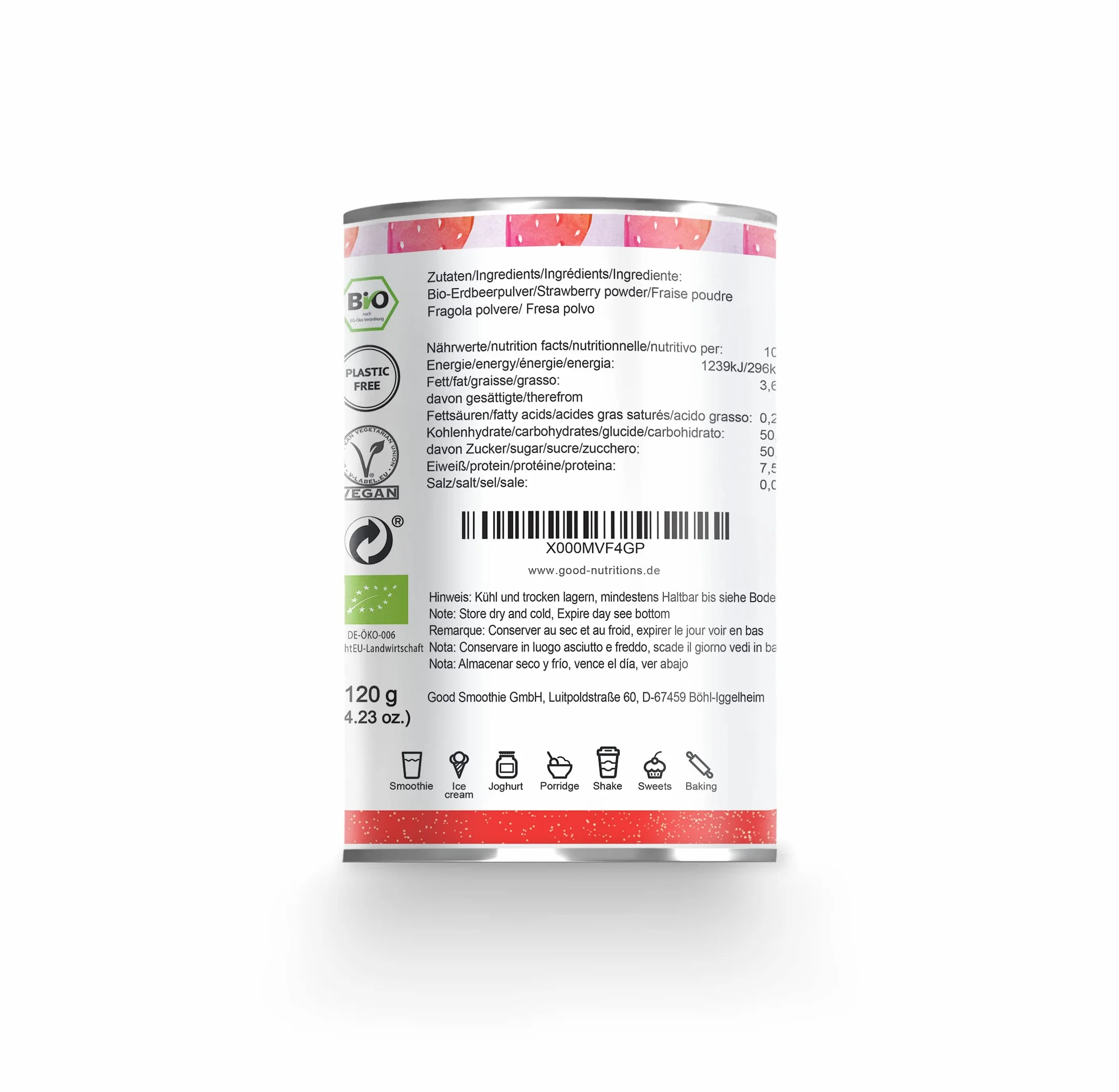 Good Nutritions® Proszek truskawkowy – liofilizowany | ekologiczny, wegański, bez dodatków, smoothie, miska do smoothie, jogurt, deser, granola, 120 g