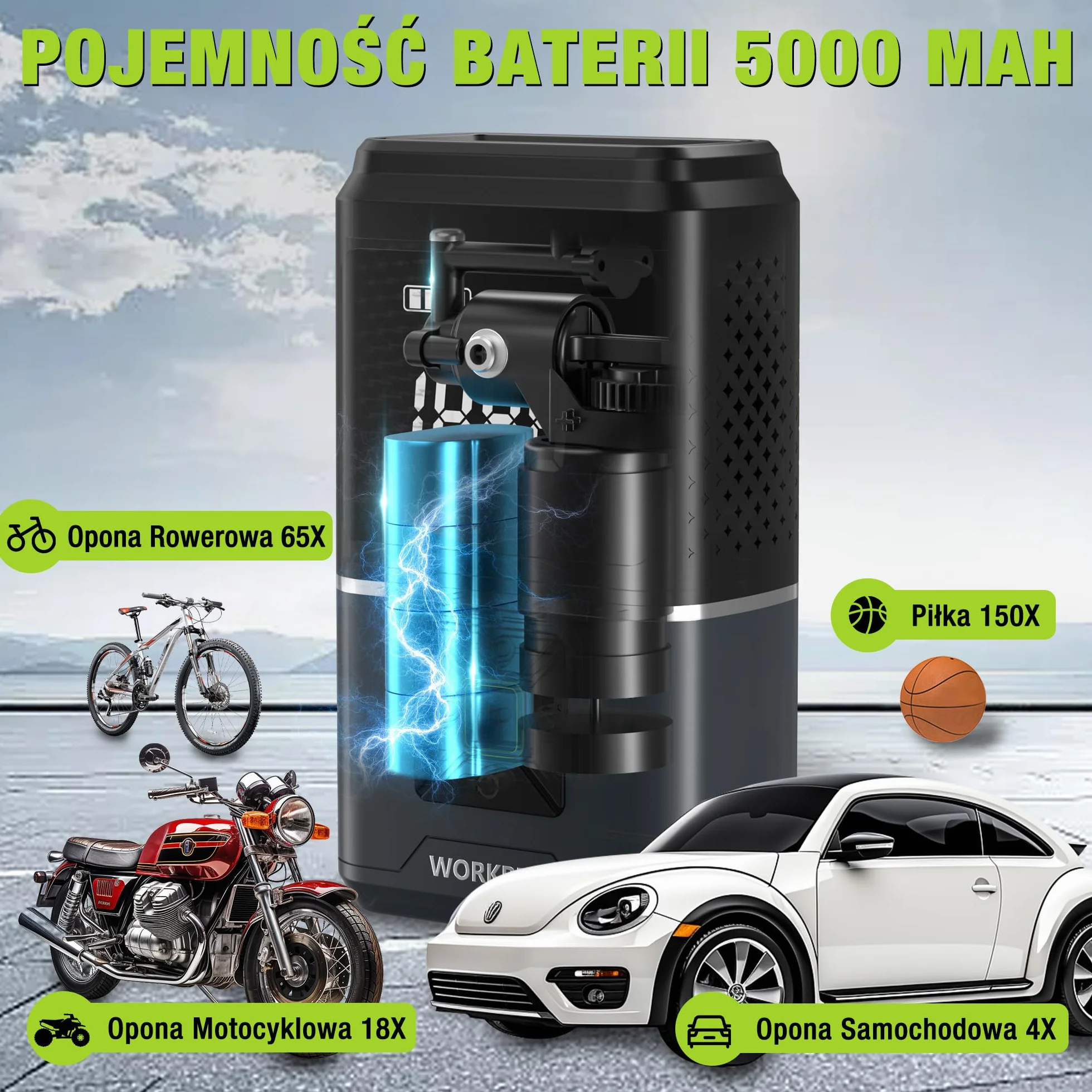 WORKPRO Bezprzewodowa sprężarka powietrza, 2500 mAh, 7,2 V, przenośna sprężarka powietrza z 4 trybami, 150 PSI, inteligentny cyfrowy wyświetlacz LED, SOS do samochodu, motocykla, piłki, rowerów