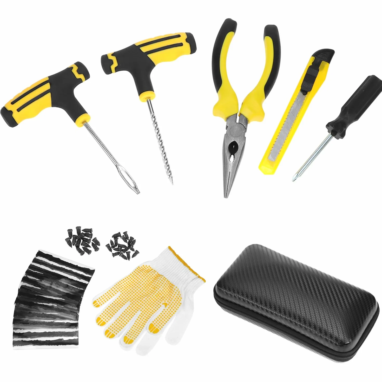 QWORK® 57-częściowy zestaw do naprawy przedziur w oponach, zestaw do naprawy opon do samochodu, samochodu ciężarowego, motocykla i roweru
