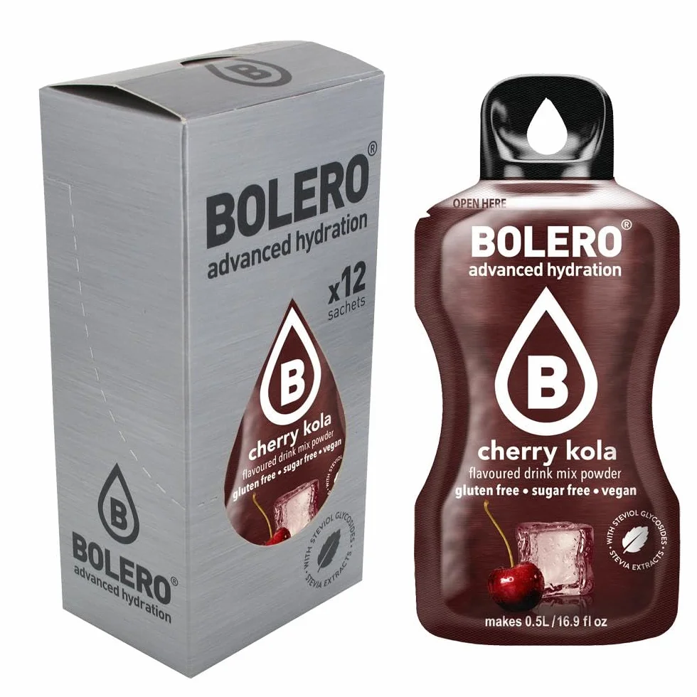 Bolero CHERRY COLA 12x3g | Saftpulver ohne Zucker, gesüßt mit Stevia + Vitamin C | geeignet für Kinder, Sportler und Diabetiker | glutenfrei und veganfreundlich