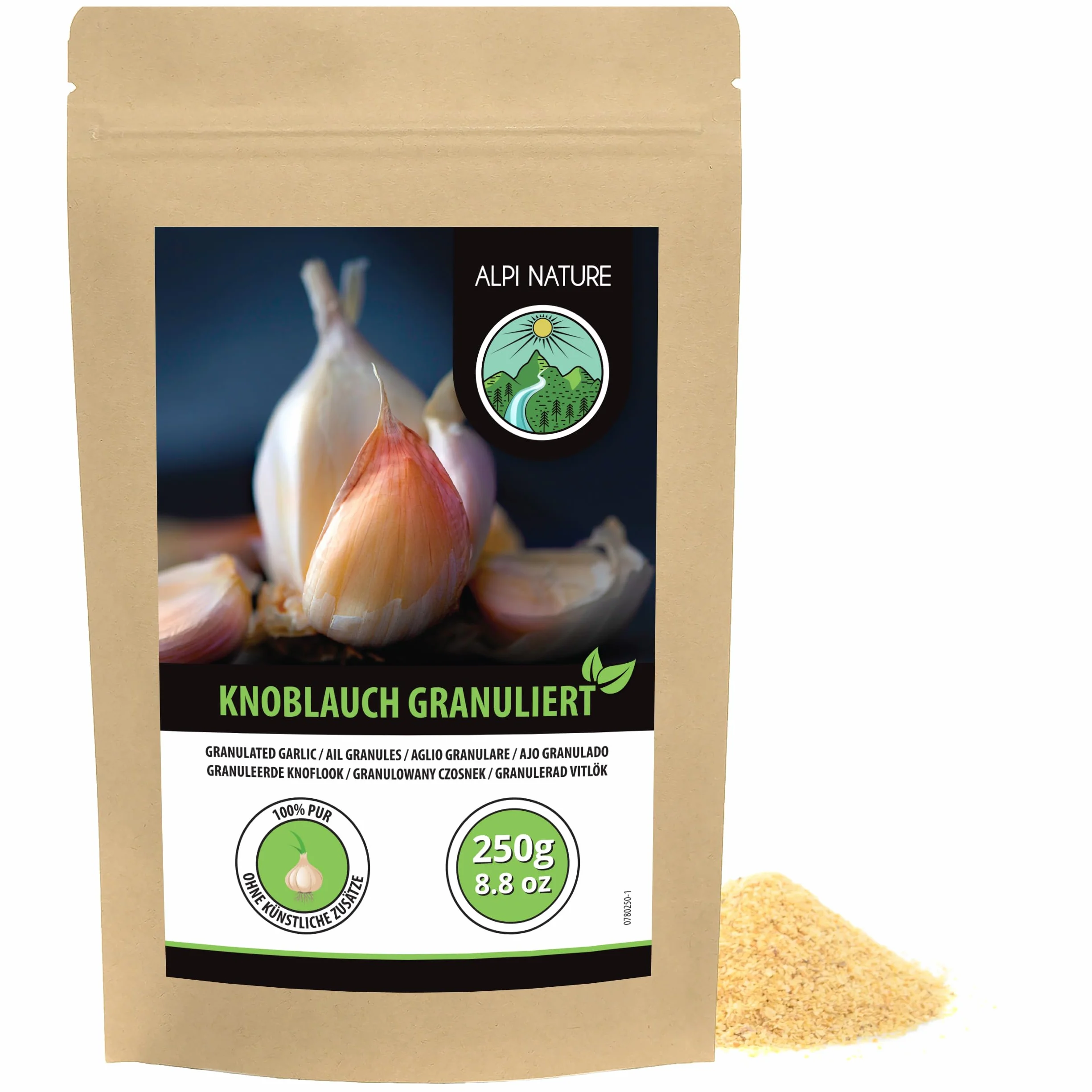Granulowany czosnek (250 g), granulat czosnku, mielony czosnek, 100% naturalny z delikatnie wysuszonego czosnku, naturalny, bez dodatków, wegański