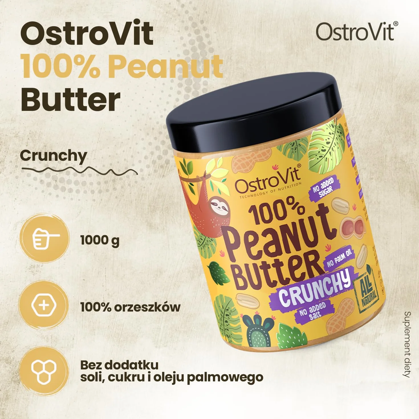 OstroVit 100% Krem Orzechowy Crunchy | 1000 g | 100% Orzechów Ziemnych | Bez Cukru, Bez Soli, Bez Oleju Palmowego | Naturalne Masło Orzechowe | Źródło Białka