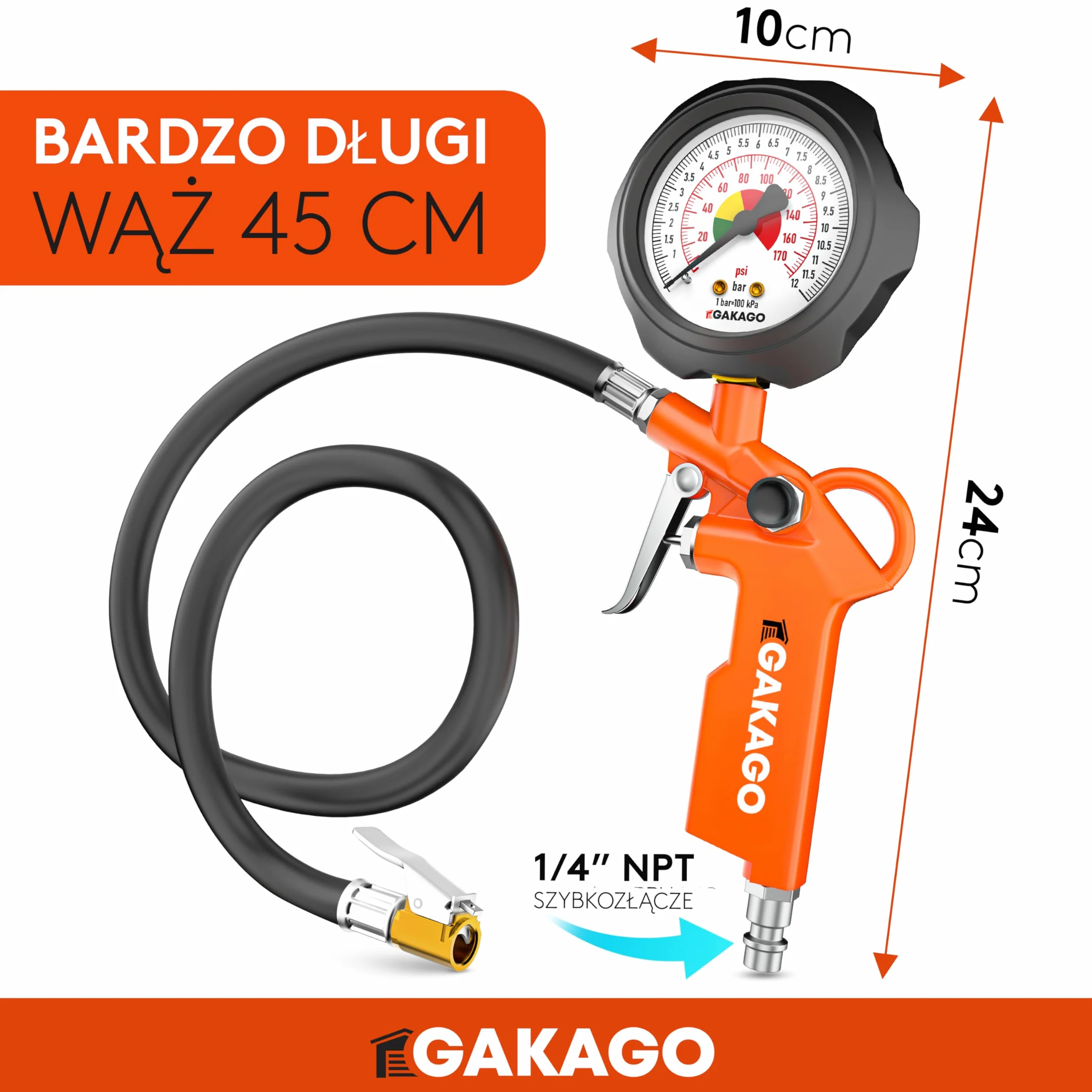 Gakago Pompka do opon - Precyzyjna pompka do opon z wysokiej jakości manometrem 0-12 barów - Bardzo długi 45-centymetrowy wąż do pompowania opon - Wszechstronny manometr