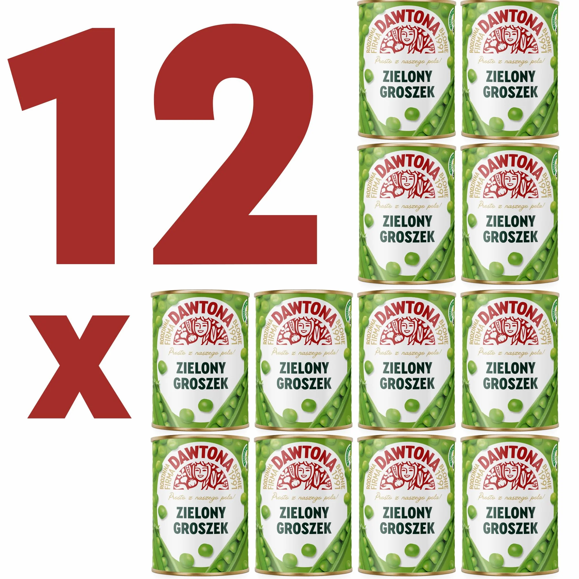 DAWTONA Groszek zielony konserwowy 12 x 400g - Bez konserwantów i sztucznych dodatków - Gotowa do spożycia - Idealny do zup, dodatków i dań jednogarnkowych