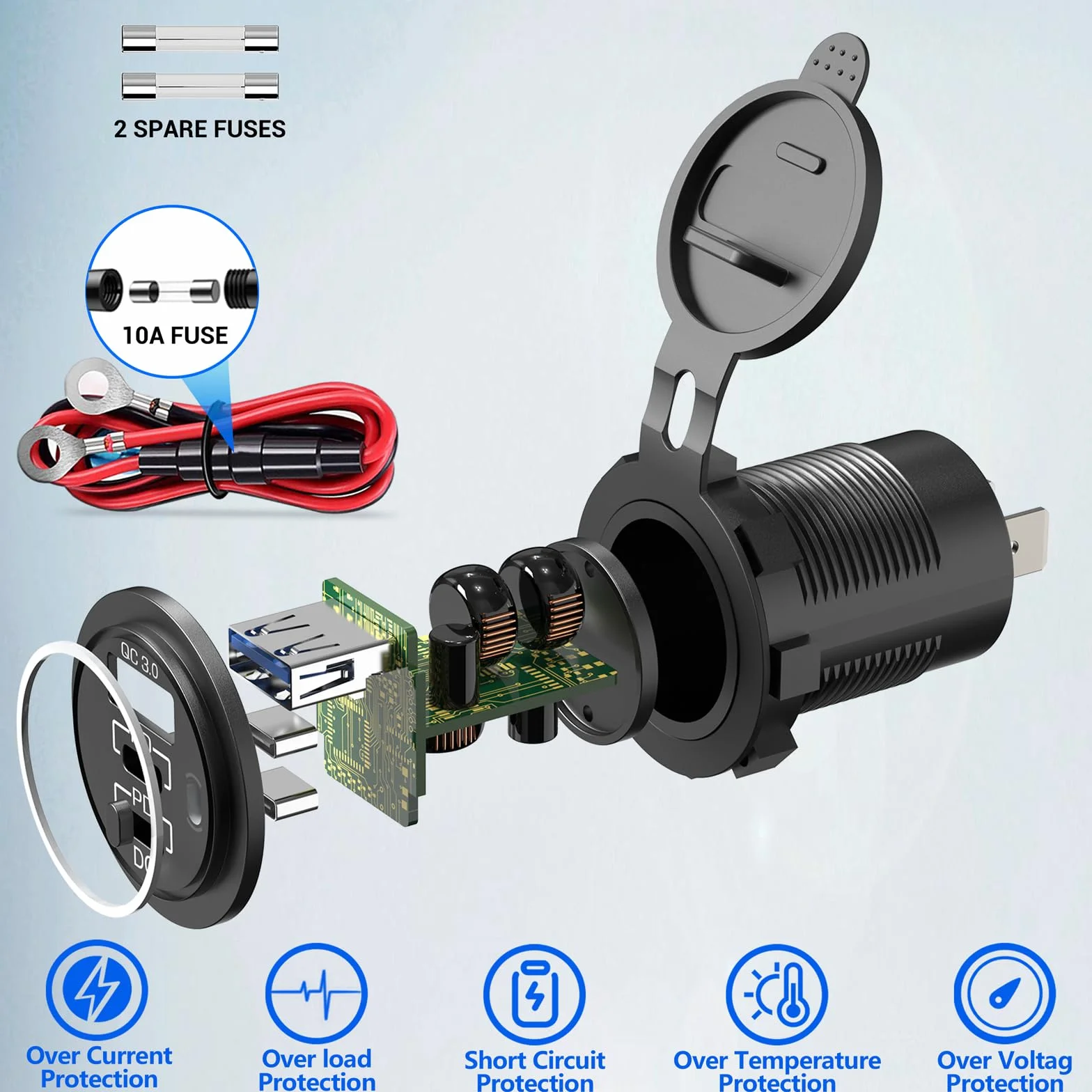 96 W PD 3.0 gniazdo USB C 12 V do montażu: podwójne gniazdo USB typu C, wodoszczelne gniazdo zapalniczki samochodowej 12 V, adapter z przełącznikiem, do samochodów kempingowych, motocykli, łodzi