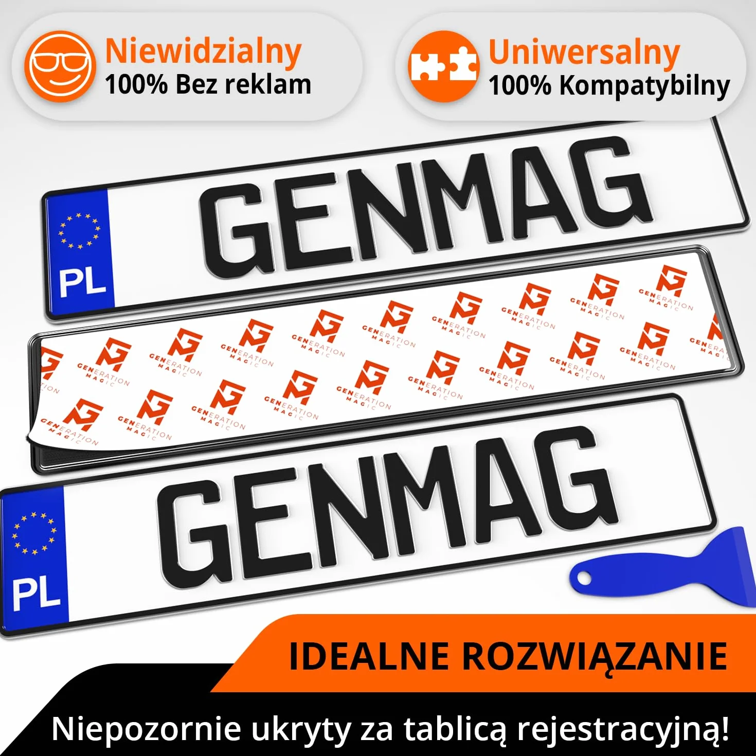 GENMAG® Ramki pod Tablice Rejestracyjne na Rzep | Ramka pod Tablice Rejestracyjna na Rzepy | Ramka Ramki na Rejestracje | Bezramkowy Uchwyt Tablicy Rejestracyjnej | Uchwyt do Tablic Rejestracyjnych