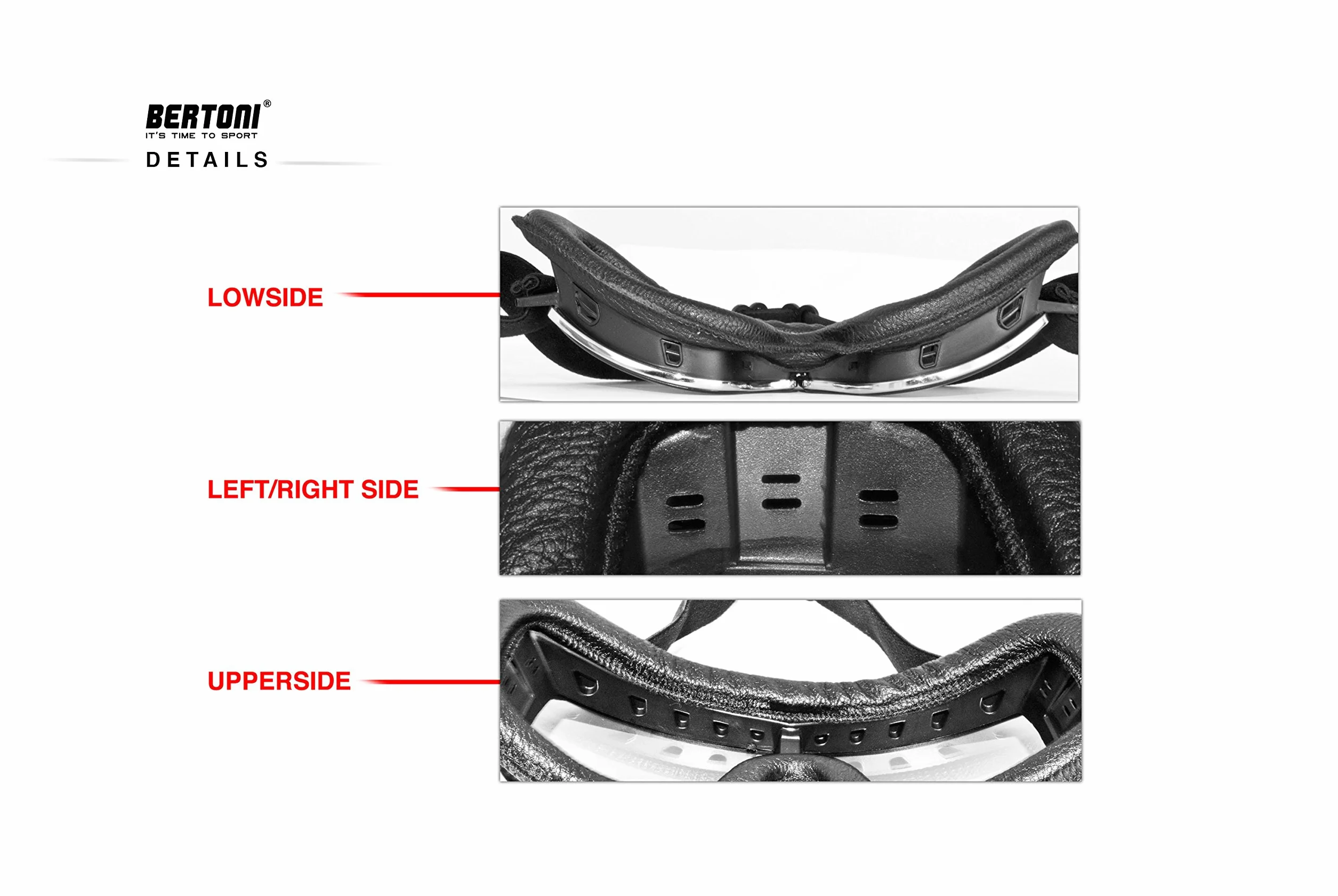 BERTONI Gogle motocyklowe do Harley Davidson Chopper i Scrambler z czarnej skóry i chromowanej oprawki mod. 188