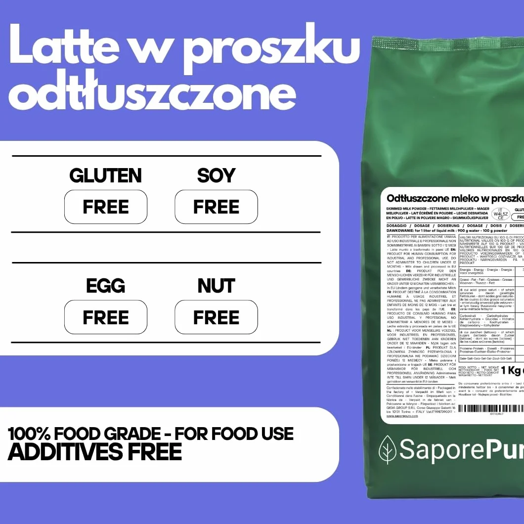 SaporePuro Odtłuszczone Mleko w Proszku 1 kg – Mleko do Spożycia przez Ludzi | Wysoka Rozpuszczalność | Idealne do Ciast, Chleba i Lodów | Zastosowanie Profesjonalne i Przemysłowe | Bezglutenowe