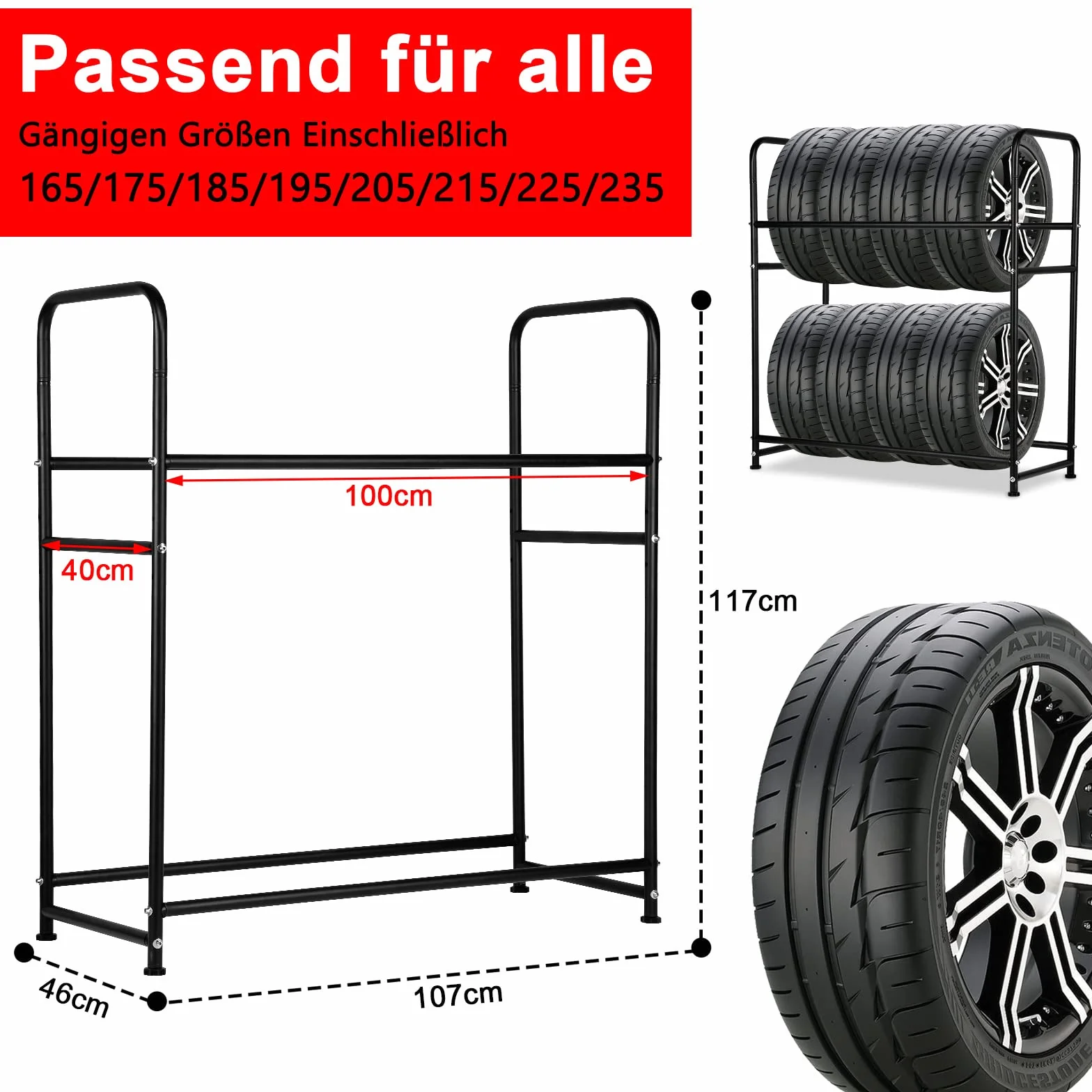 Fiqops Stojak na opony, 2 x regał na opony, 8 opon 107 x 46 x 117 cm, stojak na felgi do opon samochodowych, nośność 180 kg, regał na felgi z osłoną ochronną na opony, do piwnicy, warsztatu, regulacja