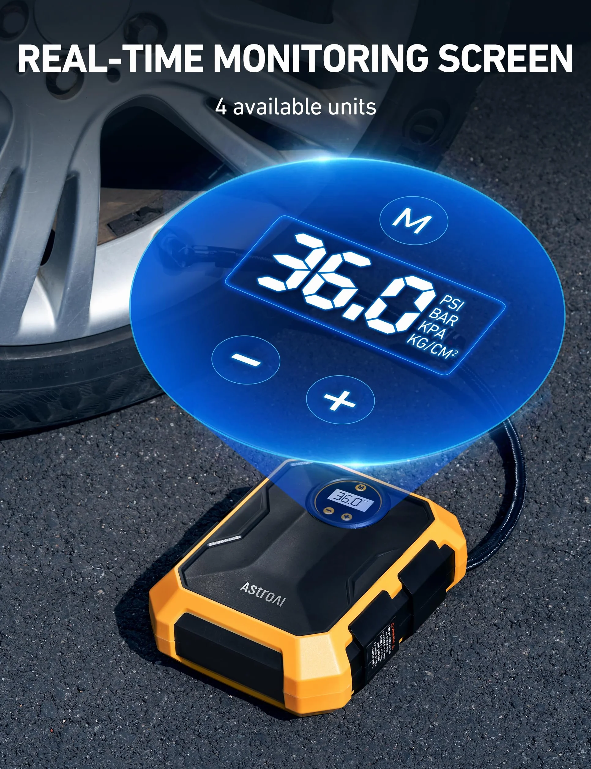 AstroAI Przenośna sprężarka powietrza 100 psi 12 V DC, elektryczna inflator do opon samochodowych, cyfrowy inflator opon samochodowych ze światłem LED, manometrem, wyświetlaczem rowerowym itp.