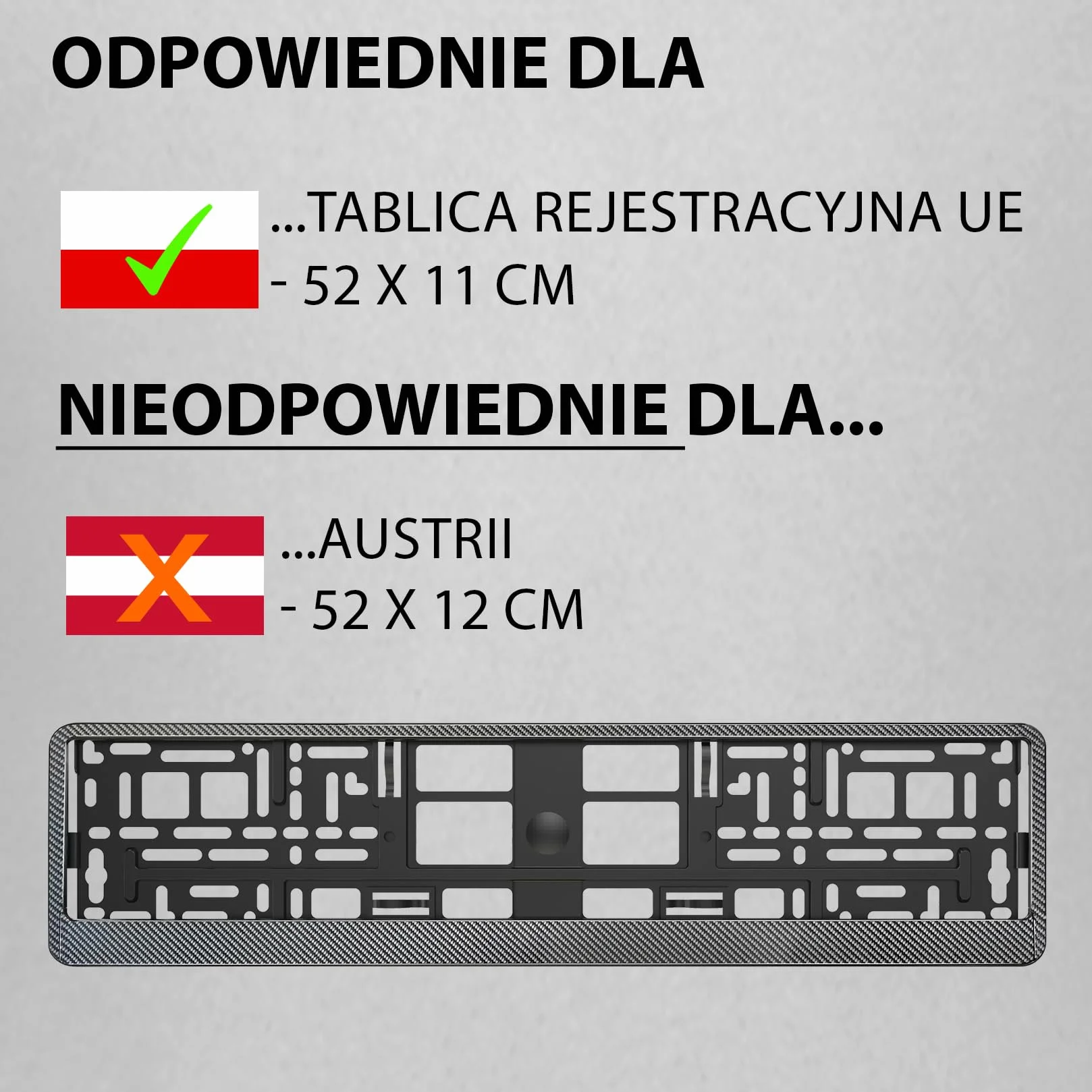 2x Uchwyt tablicy rejestracyjnej - trwały i bezpieczny - 8 śrub - carbon look - 520x110 mm - Ramka do tablic rejestracyjnych - pasuje do każdego samochodu - dla polskich tablic PL - uniwersalny