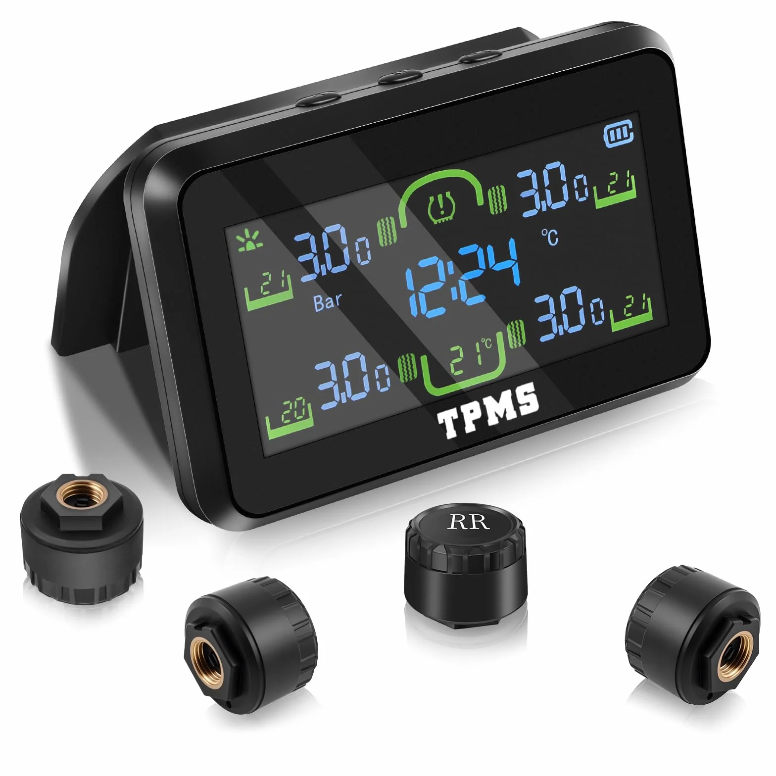 TPMS system kontroli ciśnienia w oponach, ze zdejmowanym uchwytem, ładowanie solarne/USB, 5 systemów alarmowych, 4 zewnętrzne czujniki ciśnienia w oponach, do samochodów ciężarowych, przyczep