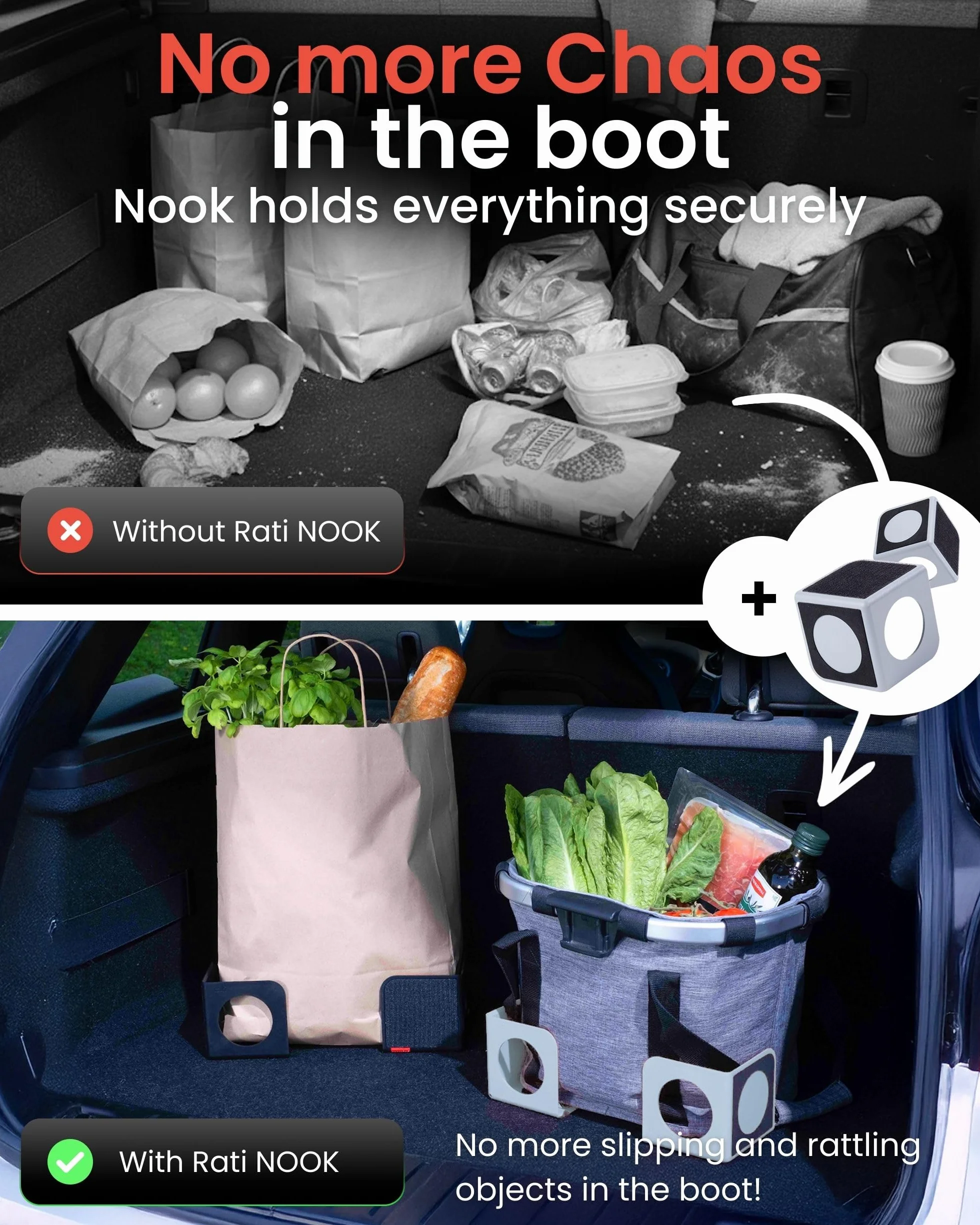 Nook Organizer do bagażnika samochodowego, regulowane przegrody ładunkowe, zestaw 2 stabilizatorów