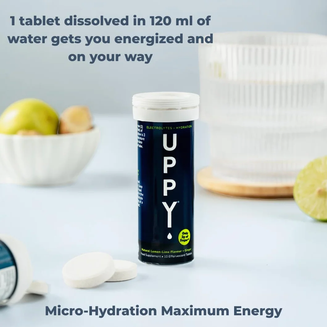 Uppy! Tabletki musujące z elektrolitami do nawadniania, cytryna-limonka z imbirem, 10 tabletek, rozpuszcza się w wodzie, na podróż i sport