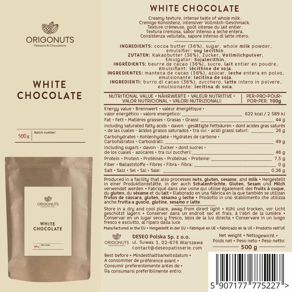 ORIGONUTS Dropsy Czekoladowe Biała Czekolada do Topienia 500g