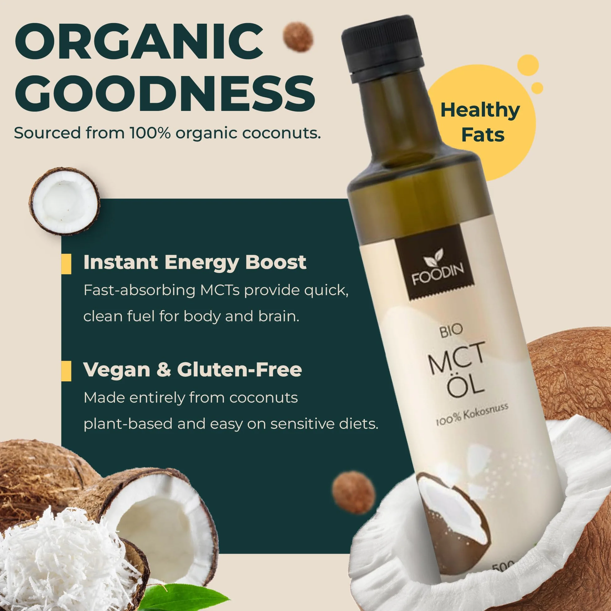 FOODIN Ekologiczny Olej MCT z Kokosa 1000 ml (2 x 500 ml) – 100% C8 i C10 Średniołańcuchowe Kwasy Tłuszczowe, Bezzapachowy i Bezsmakowy, Keto, Wegański, Bezglutenowy