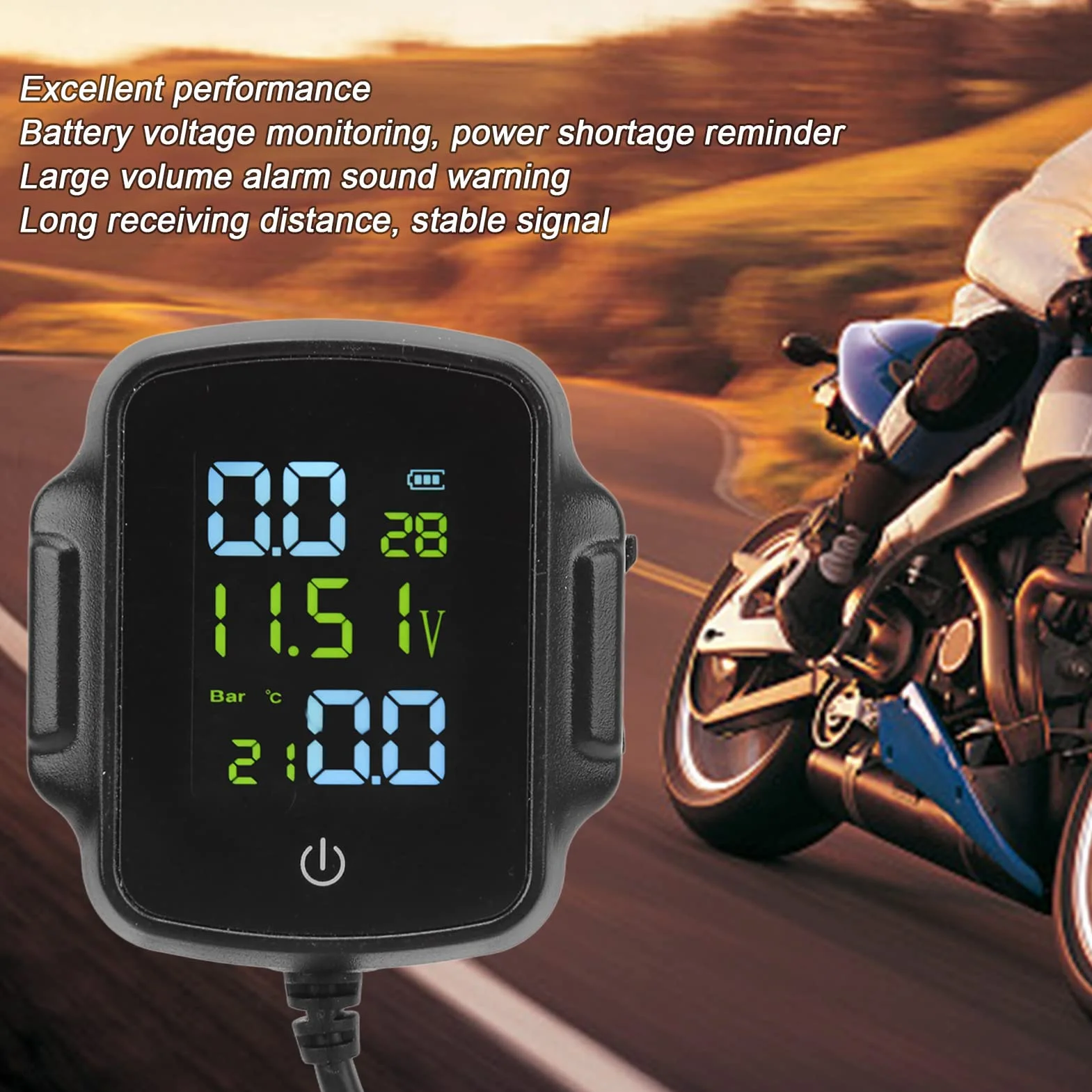 System monitorowania ciśnienia w oponach motocyklowych z 2 czujnikami zewnętrznymi, TPMS, ładowanie przez USB 12 V, bardzo precyzyjny wyświetlacz