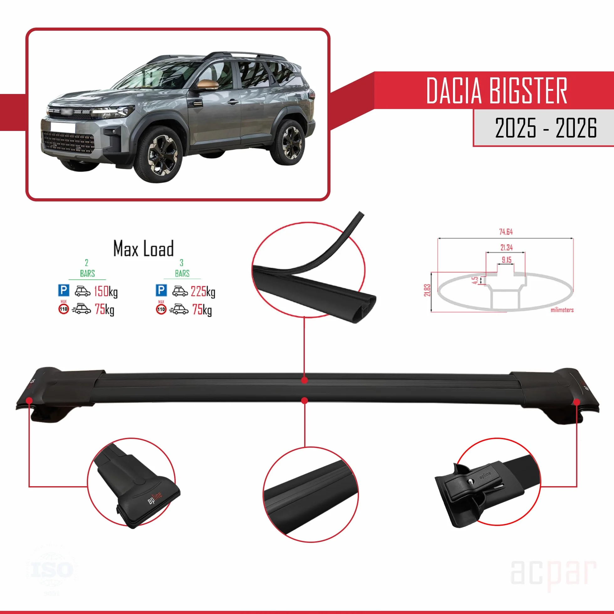 Kompatybilny z Dacia Bigster (R1310) 2025-2026 FLY Model Aluminiowe poprzeczki dachowe Czarny 2 szt.