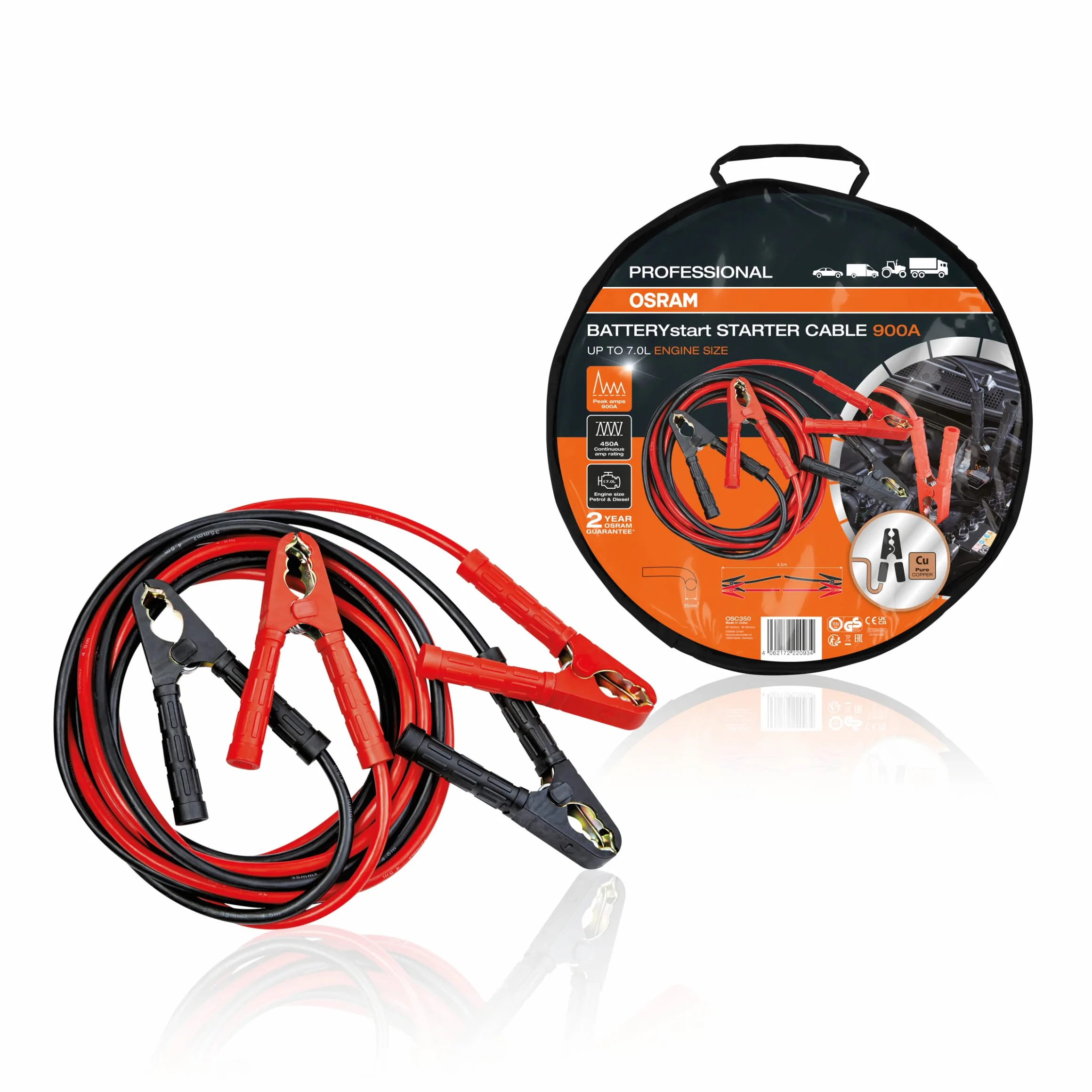 OSRAM PROFESSIONAL STARTER CABLE 900A, kabel rozruchowy do silników benzynowych i wysokoprężnych, 12/24V, OSC350, kabel rozruchowy do silników ≤7,0L, czysta wielodrutowa linka miedziana, 4,5m