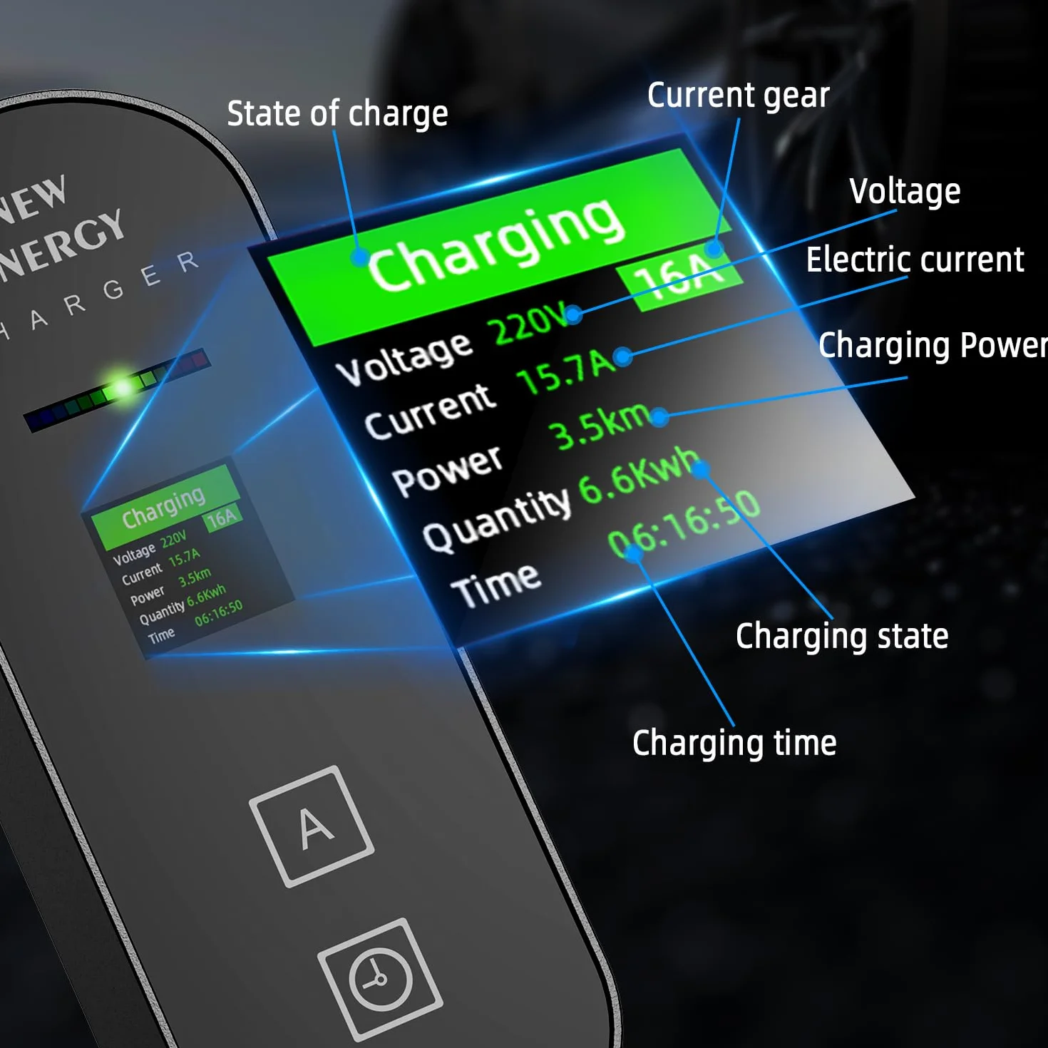 Przenośny kabel do ładowania EV Schuko 3,5 kW 6-16 A z wyświetlaczem cyfrowym do samochodów elektrycznych