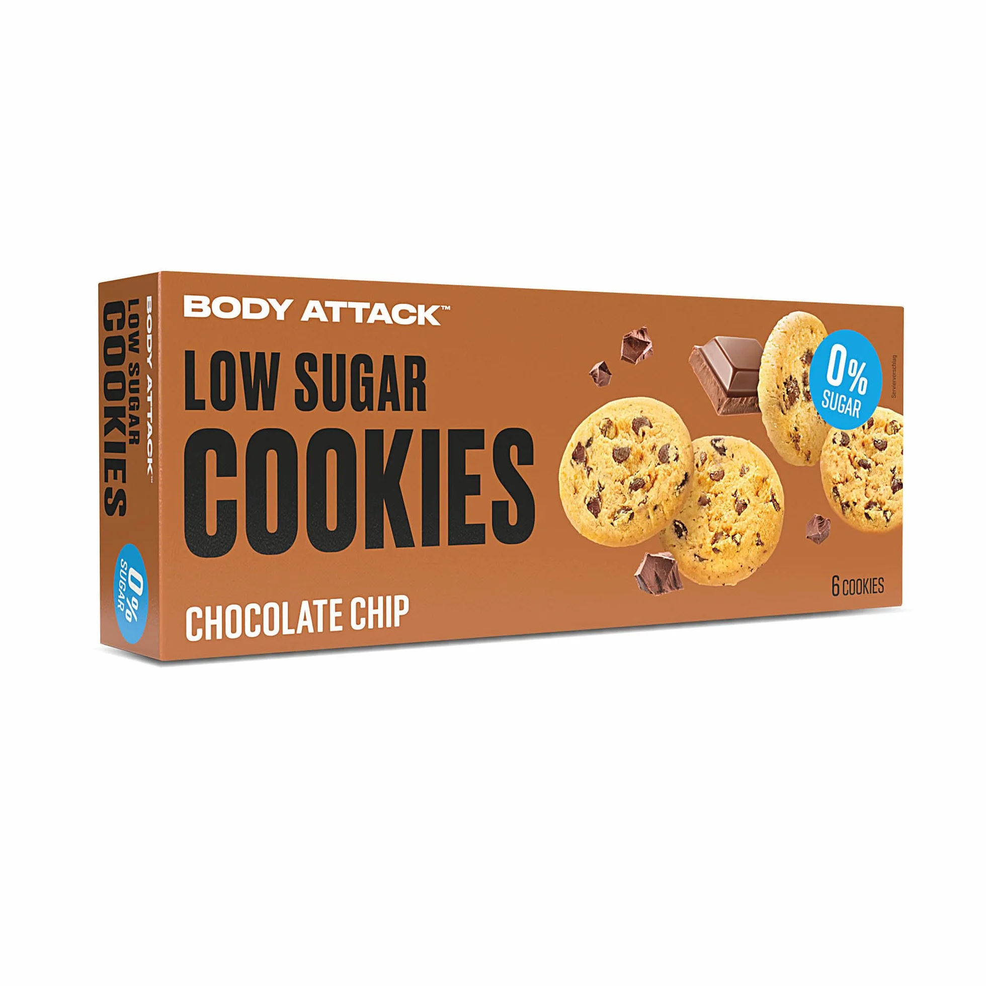 BODY ATTACK LOW SUGAR COOKIES - Czekoladowy chip, 130 g, pyszne odmiany z niewielką ilością cukru lub bez cukru, ciasteczka z białkiem, bogata w białko, przekąska o niskiej zawartości cukru, bez