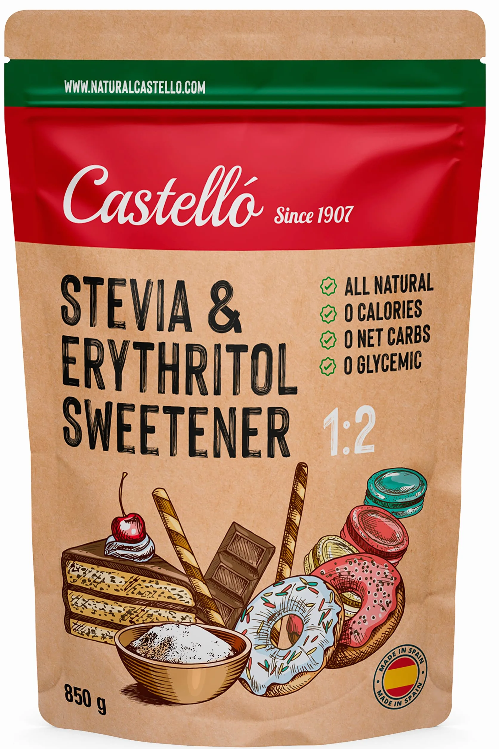 Słodzik Stevia + Erytrytol 1:2 | 1g = 2g cukru | Słodzik o 100% naturalnym smaku - 0 Kalorii - 0 Indeks Glikemiczny - Keto i Paleo - 0 Węglowodanów Netto - Bez GMO - Castello since 1907-850 g