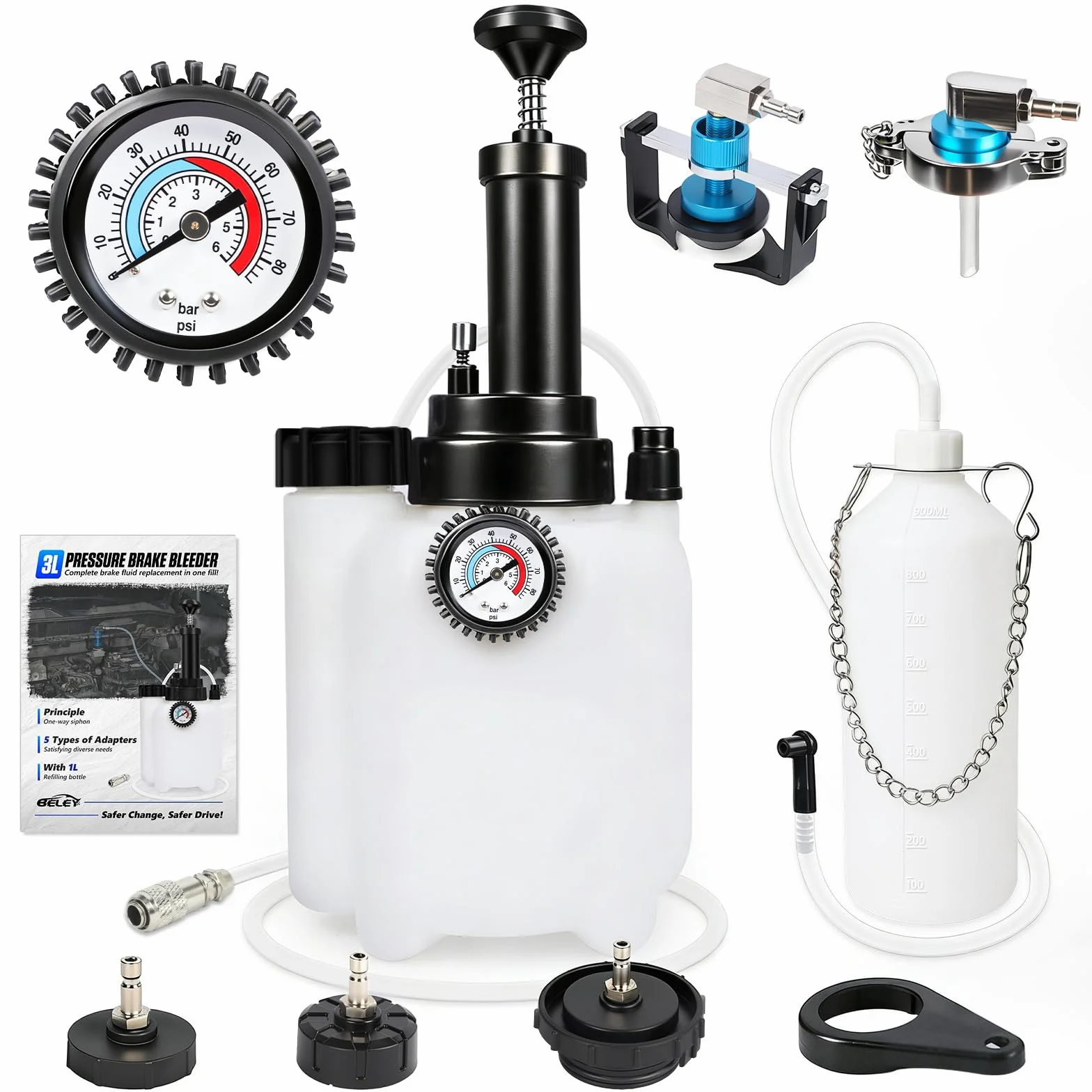 BELEY 3L+1L ręczny zestaw do odpowietrzania hamulców z manometrem, samochodowy odpowietrznik płynu hamulcowego z uniwersalnym, adapterami głównymi 53/55/58/77 mm