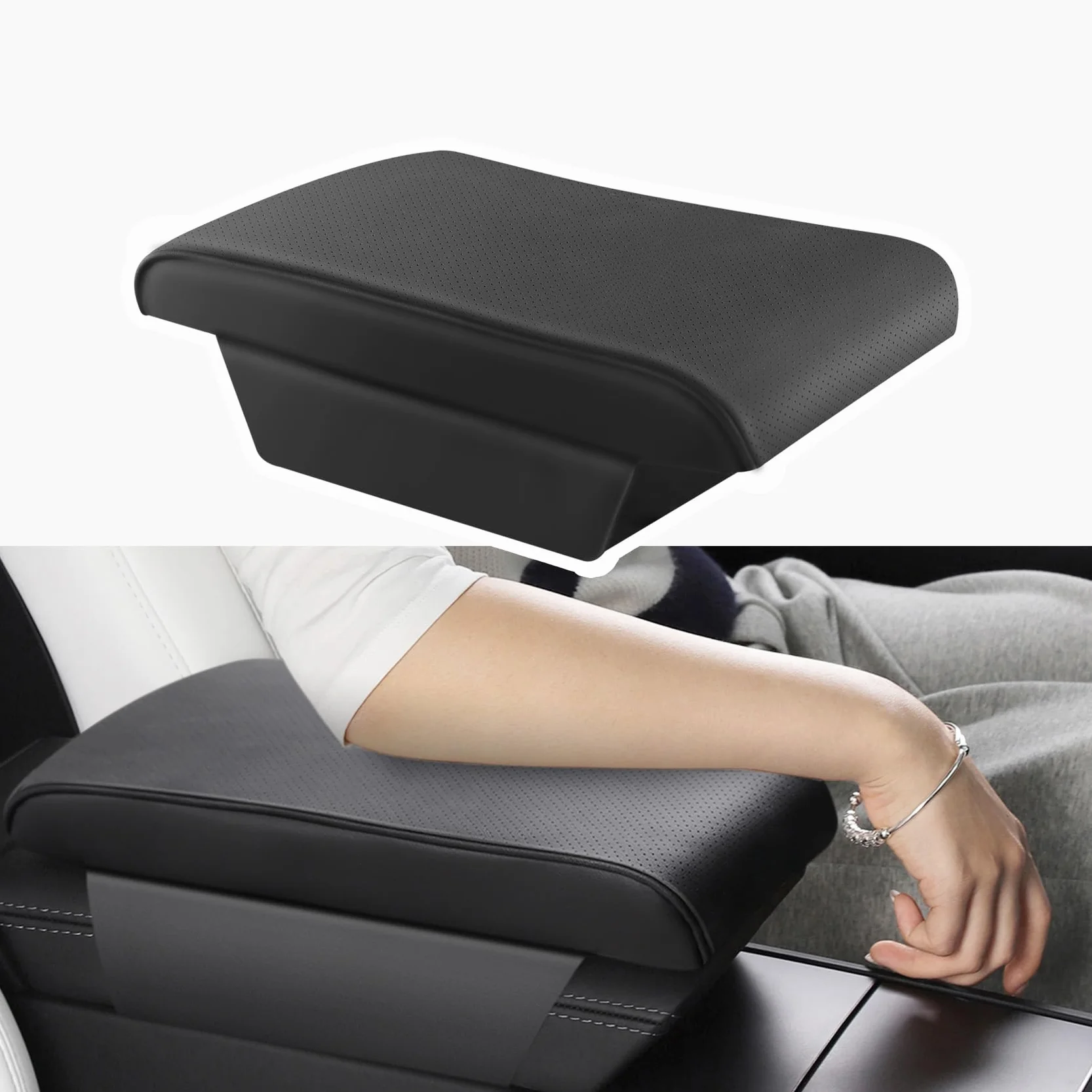 TPARTS Leather Armrest Support Cushion for Tesla Model 3/Y/X/S Tesla Armrest Decor Interior Accessories Memory Foam Console Pillow Elbow Rest Cover Pad (Black)
