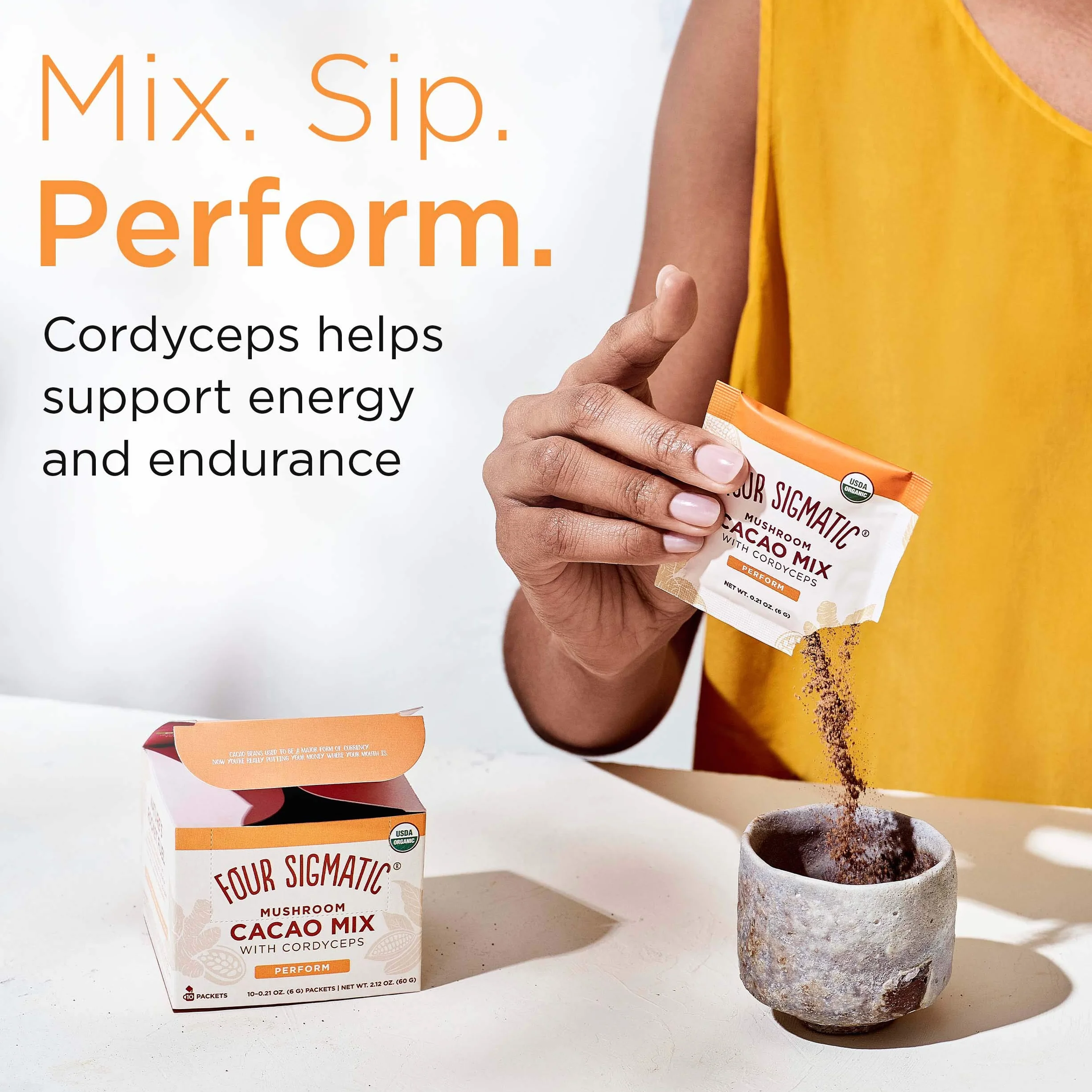 Mushroom Cacao Mix by Four Sigmatic, organiczny kacao instant with cordyceps, imbir i kokos, wspiera wydajność i energię, napój lub piecz z nim, wegański, bezglutenowy, bez dairy | 10 liczy