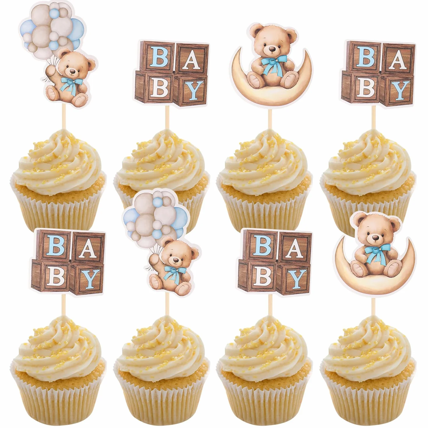 Ozdoby na babeczki z niedźwiedziem, baby shower, babeczka, miś, motyw baby shower, dekoracje na tort, dla dzieci, chłopców, dziewcząt, urodziny, przyjęcie, ciasto, dekoracje, materiały