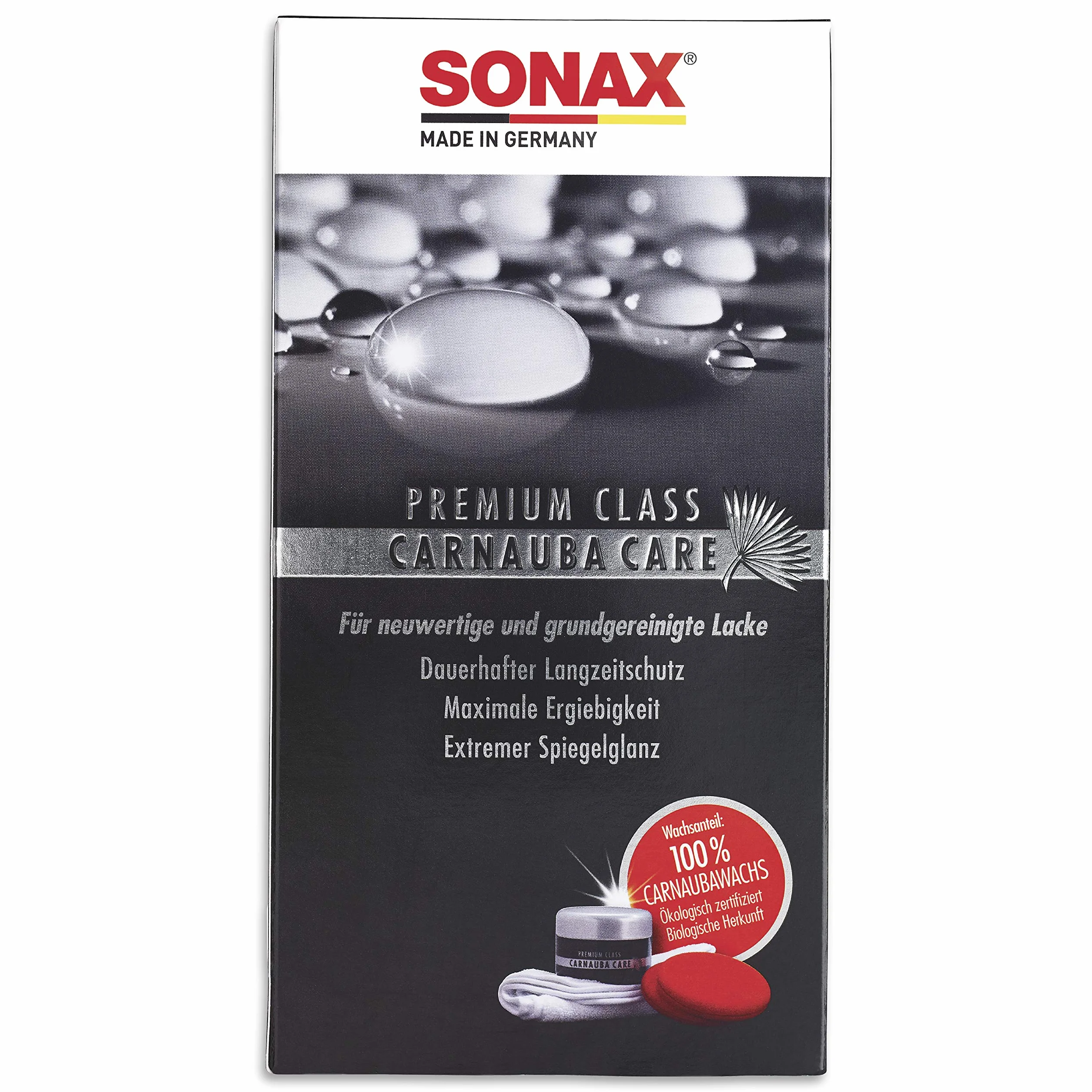 SONAX 02112000 Premium Class CarnaubaCare, zestaw składający się z twardego wosku 200 ml, 2 gąbki do aplikacji, ściereczki z mikrofibry