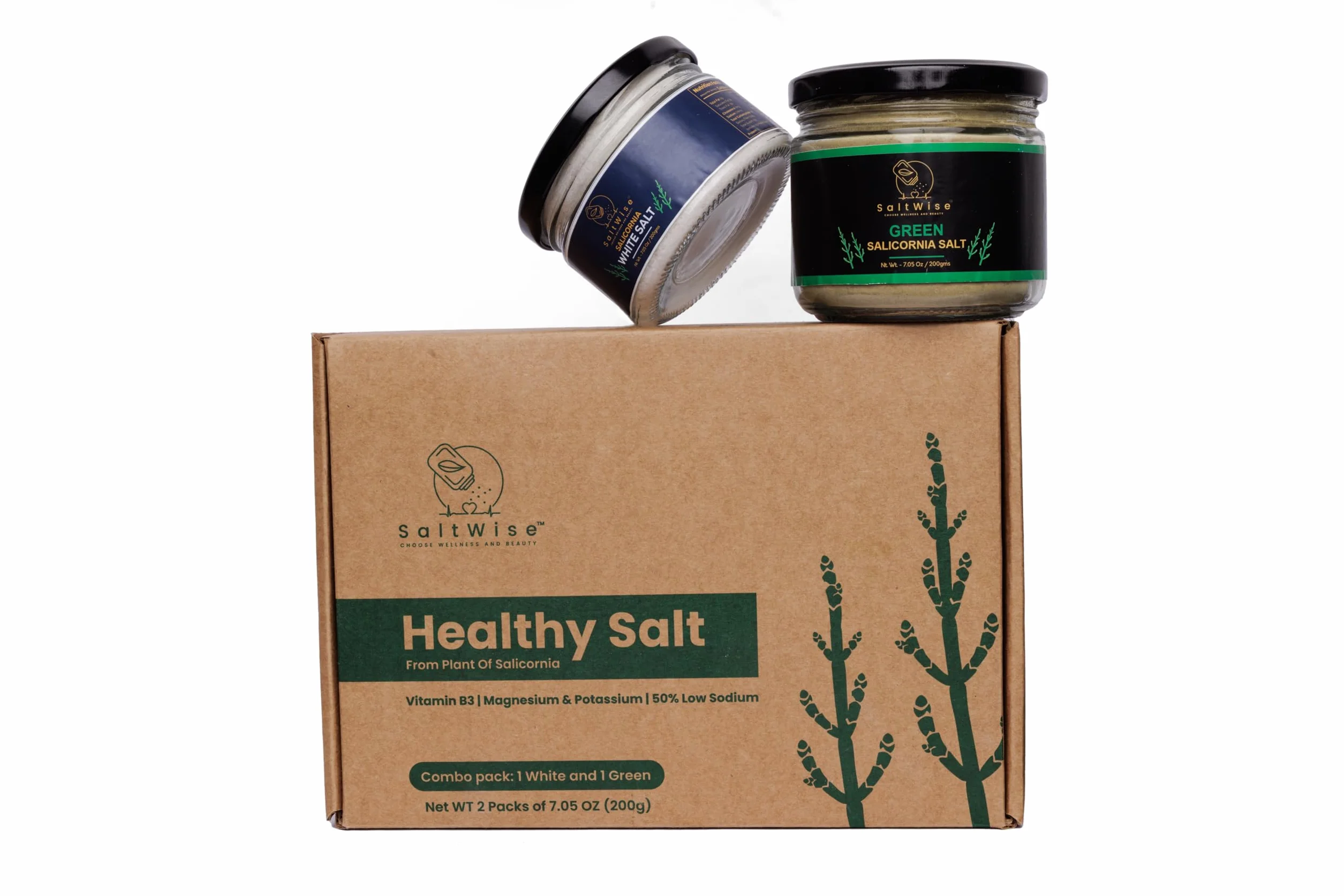 SaltWise Green & White Salicornia Salt Gift Set 14.10 oz / 400g Gourmet Plant-Based Low Sodium Vegan Natural