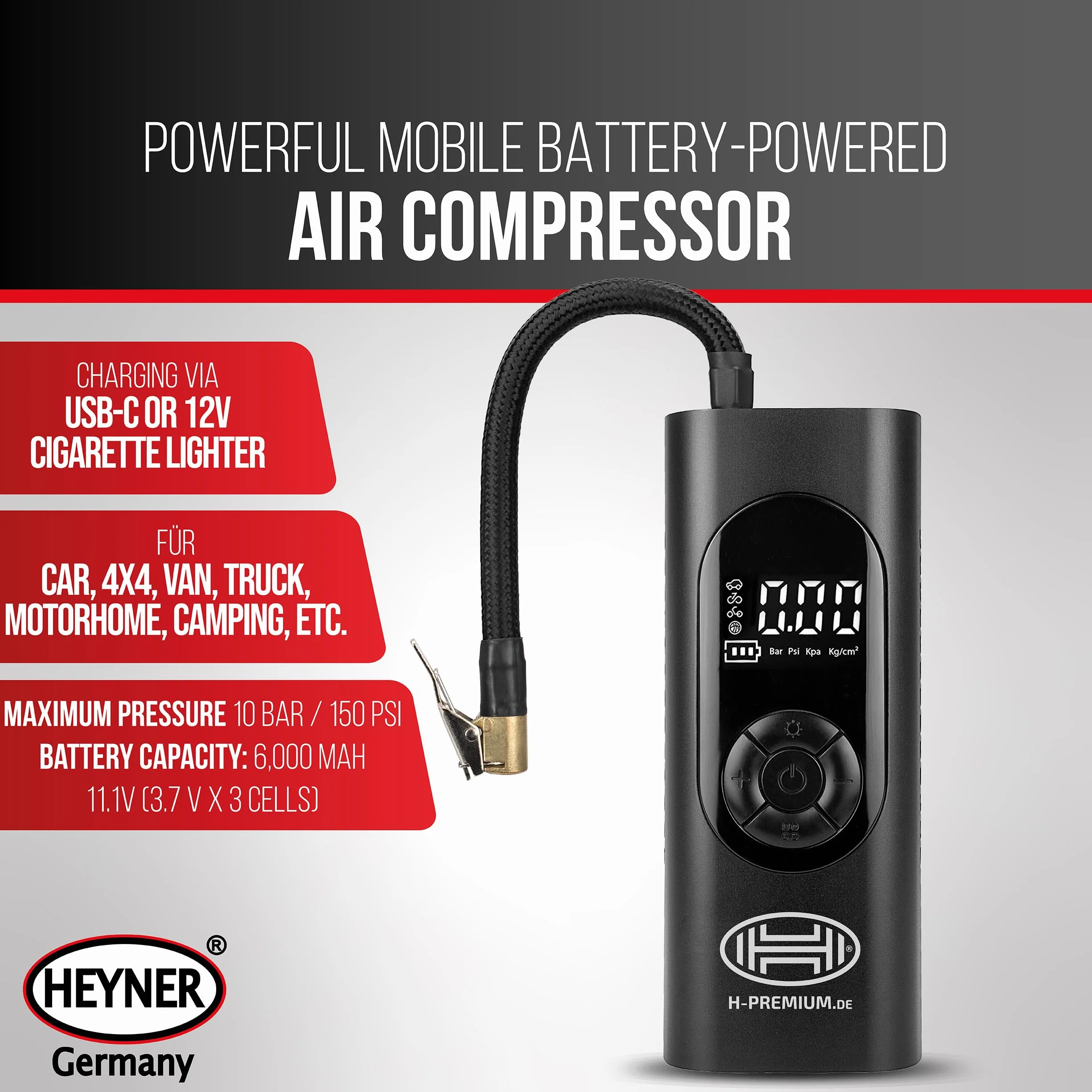 HEYNER® Kompresor z akumulatorem cyfrowym 6000 mAh, sprężarka powietrza 10 bar z funkcją automatycznego zatrzymania, wyświetlaczem LCD, oświetleniem LED, sygnałem SOS i powerbankiem, do samochodu,