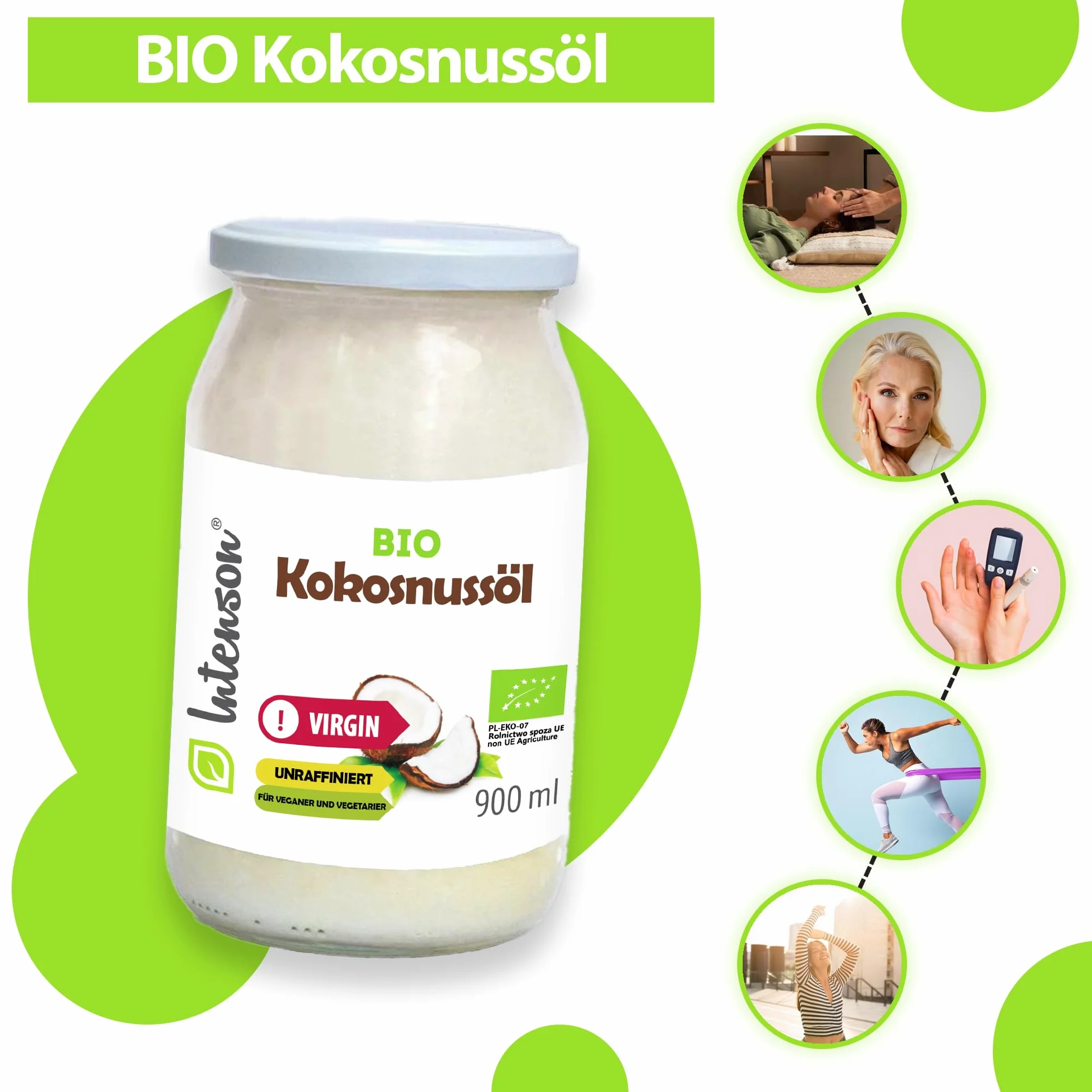 Intenson Organiczny Olej Kokosowy z pierwszego tłoczenia 900 ml Tłoczony na zimno Nierafinowany Wegański