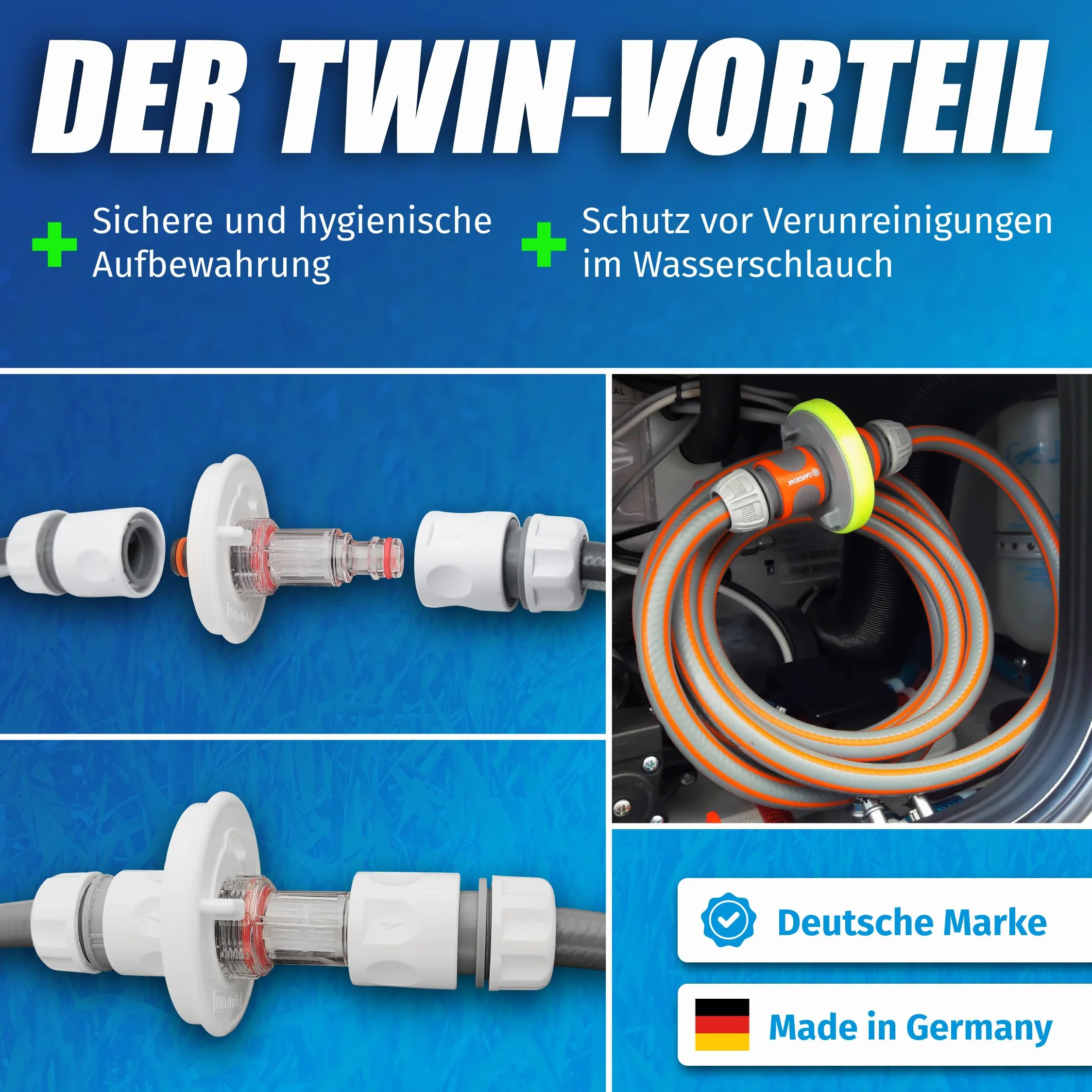 MaJoCompTec WATERTWIN Pokrywa wlewu paliwa z przyłączem wody, przyłącze do króćca wlewu wody, akcesoria do przyczep kempingowych wersja PRO + filtr + zawór adapter 3-pinowy D:78