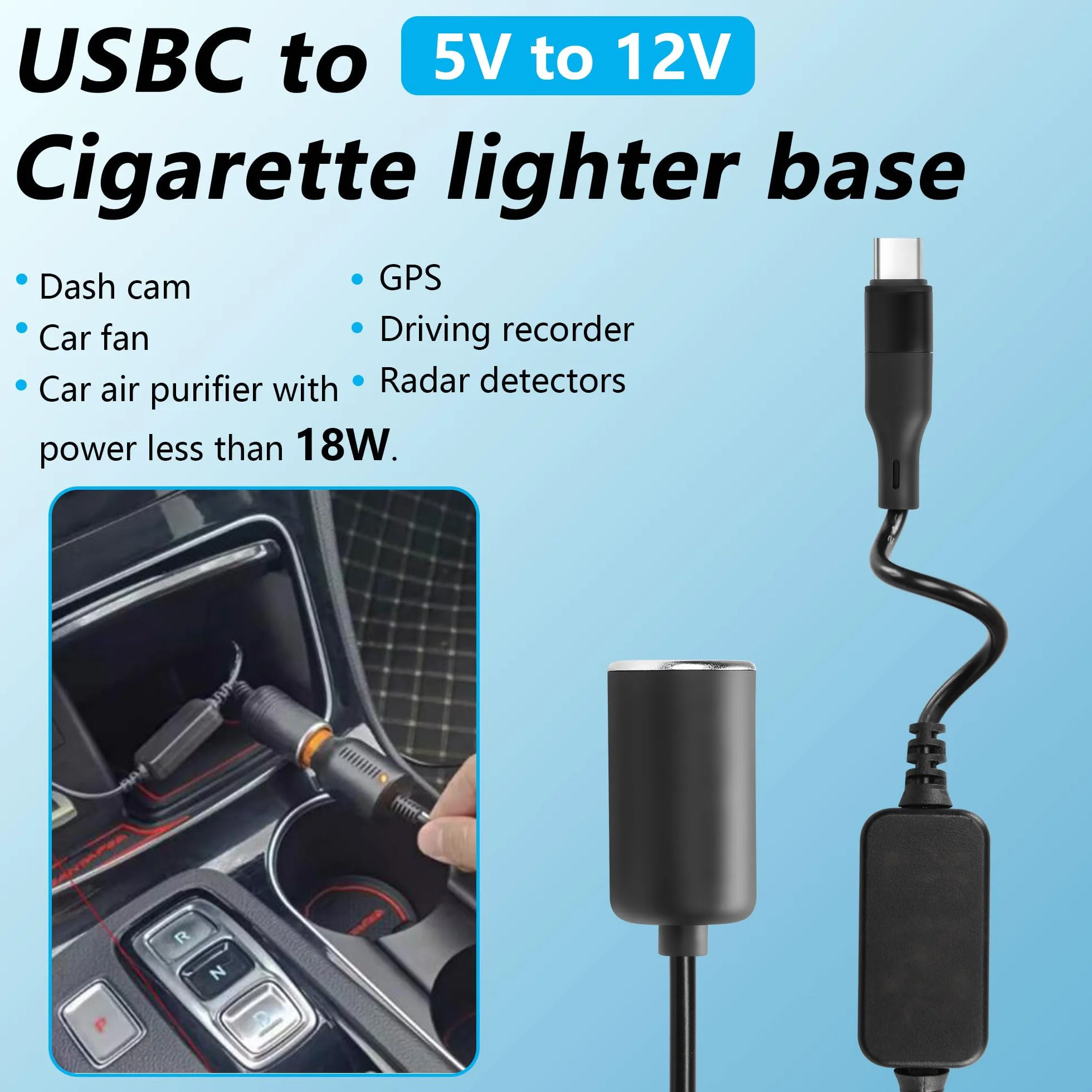 CERRXIAN 0,3 m USB C męski na 12 V 18 W adapter gniazda zapalniczki samochodowej kabel zasilający do kamery samochodowej, detektora radaru, GPS, samochodowych pasków świetlnych LED i innej elektroniki