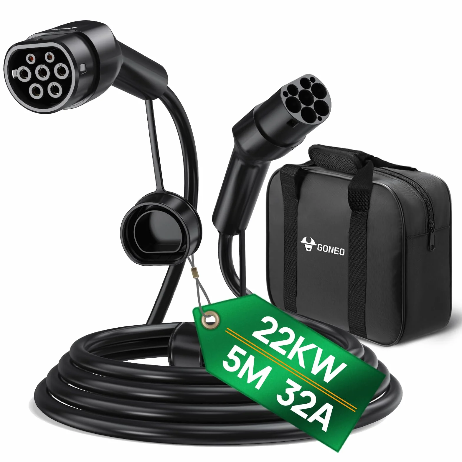 GONEO Typu 2 Kabel ładujący 22kW 5M 32A Kabel do ładowania Samochodów Elektrycznych Typu 2 3-fazowy Tryb 3 do Samochodów E EV/PHEV Typu 2 do Typu 2/CSS2 Kabel do ładowania EV z torbą Transportową