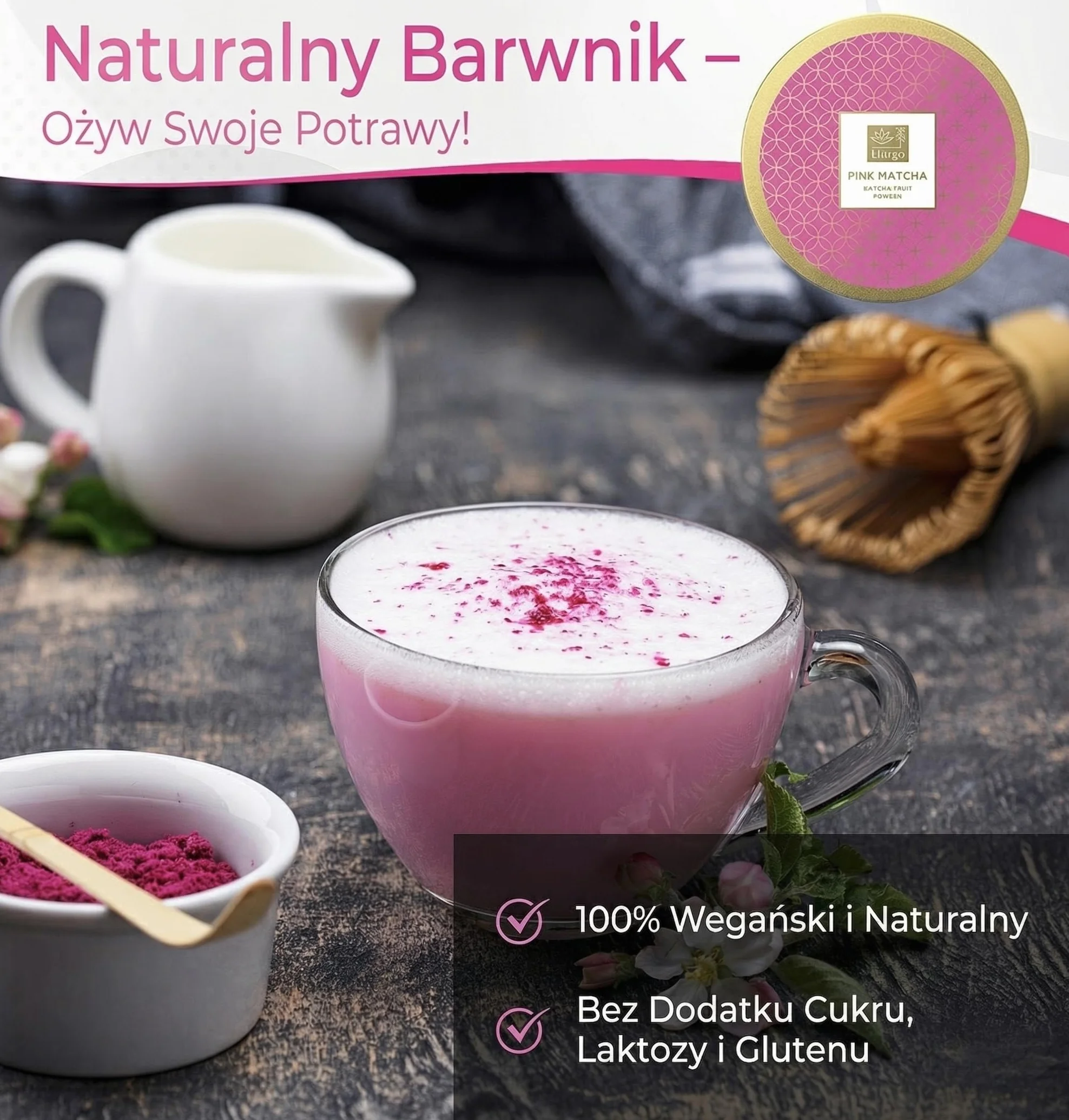 Tea Uniqo Pink Matcha – matcha w proszku ze smoczego owocu (pitai), opakowanie 200 g
