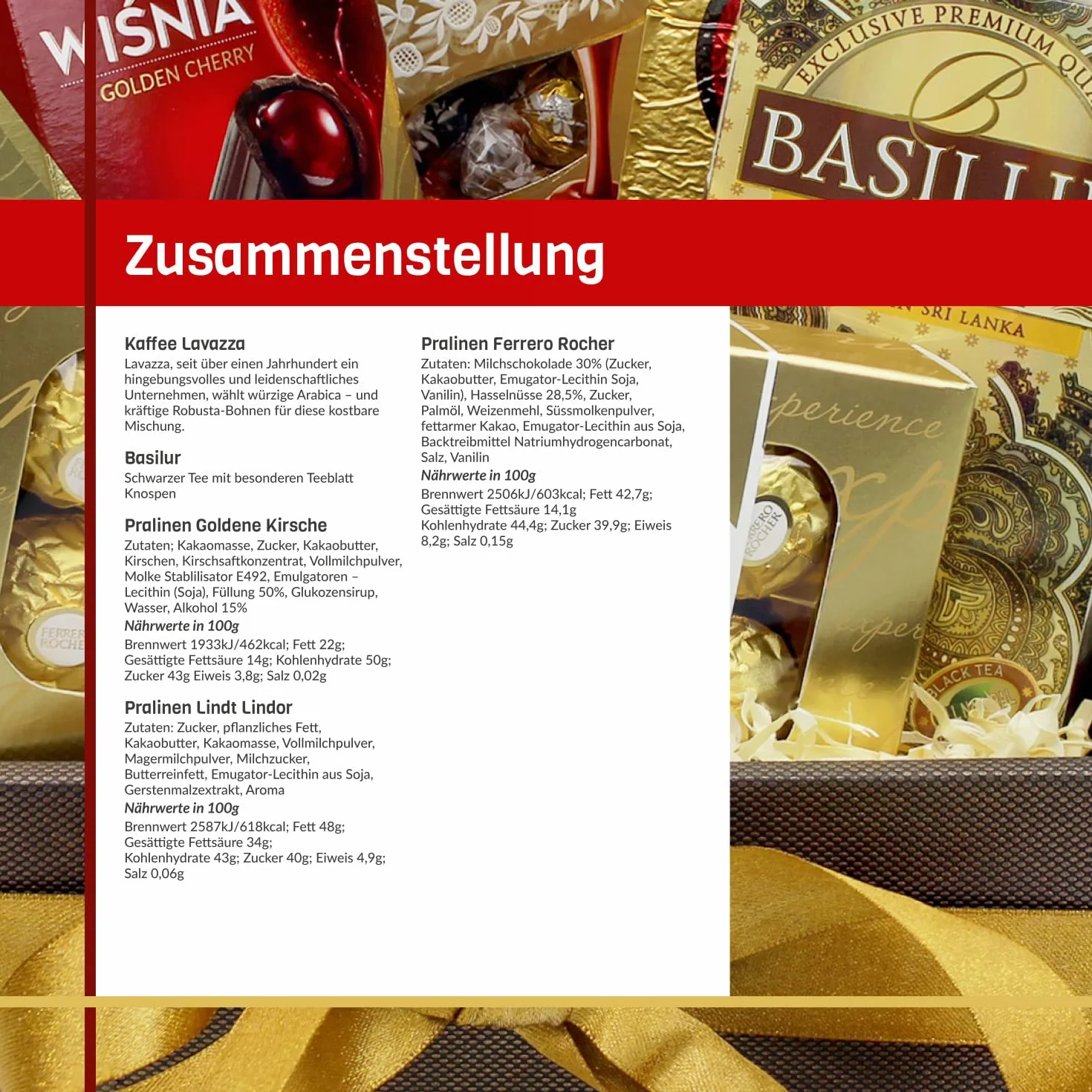 Zestaw prezentowy Golden Kollektion - 5 różnych produktów - 3 pudełka czekolady, ekskluzywna kawa Lavazza i czarna herbata cejlońska Basilur - Ferrero Rocher - dla kobiety - dla mężczyzny