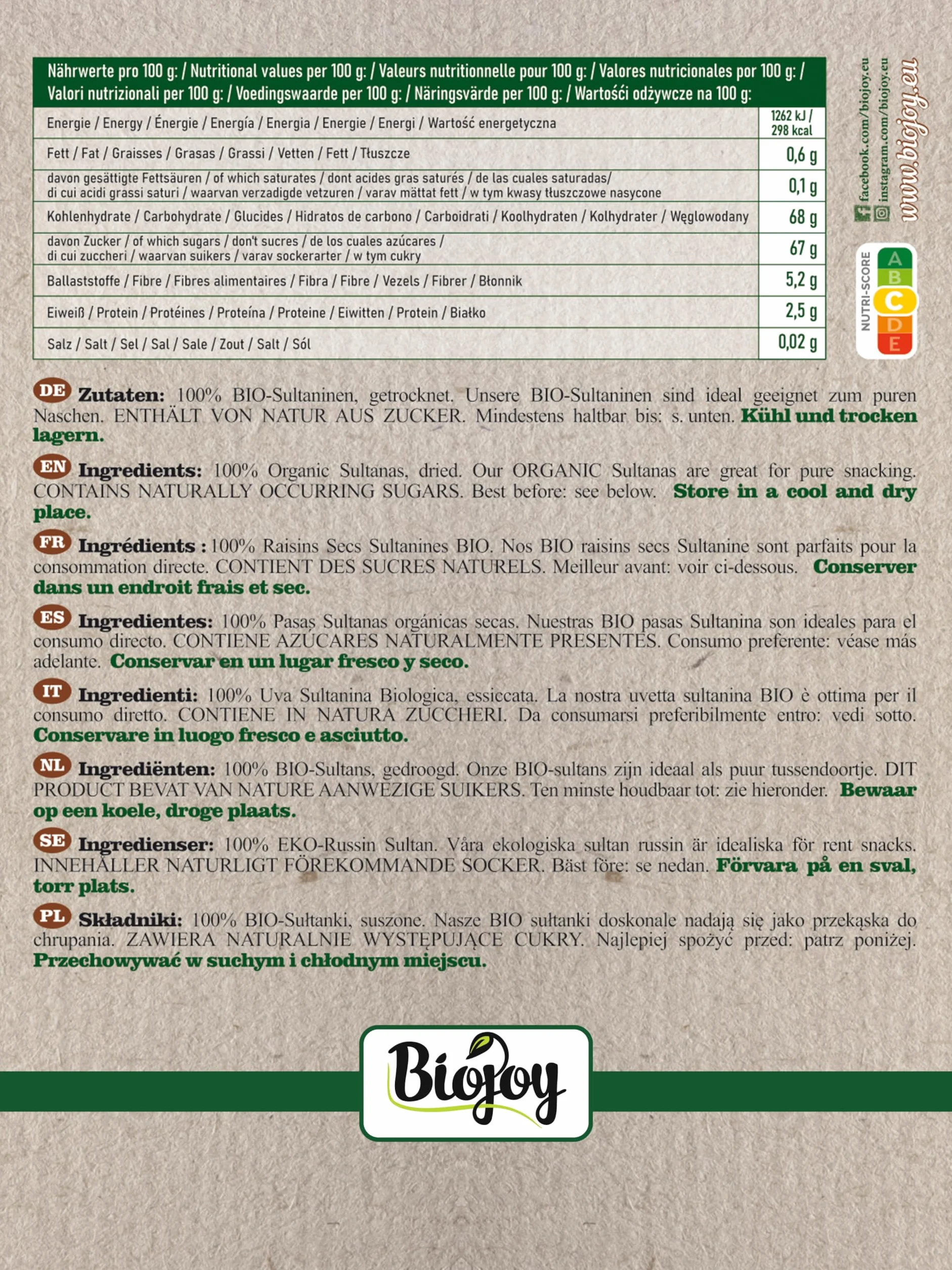 Biojoy BIO Sułtanki (500 g), bez dodatku cukru i siarki