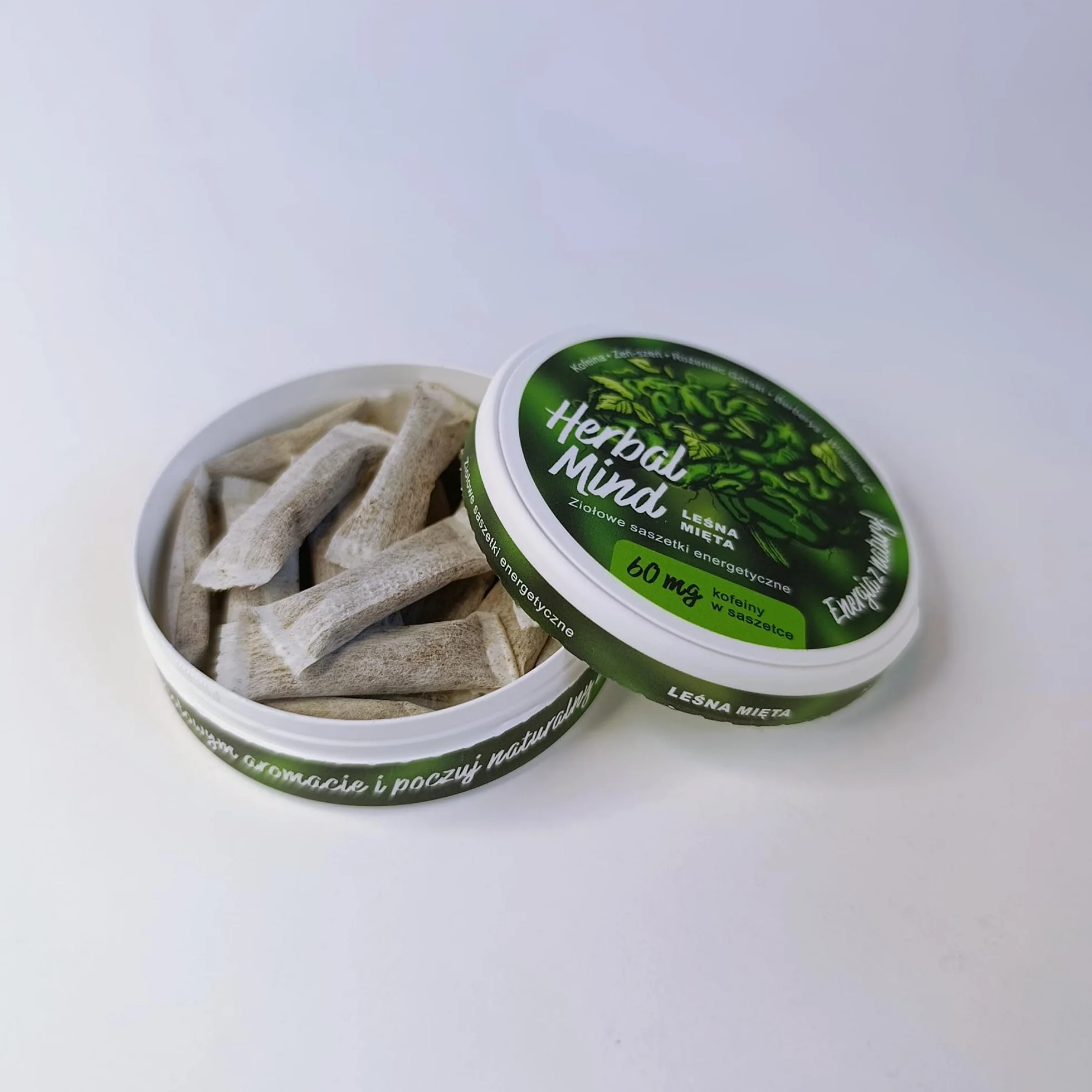 HerbalMind Ziołowe Saszetki Energetyczne 60 mg Kofeiny Leśna Mięta 20 szt. Snusy Kofeinowe z Adaptogenami Bez Nikotyny