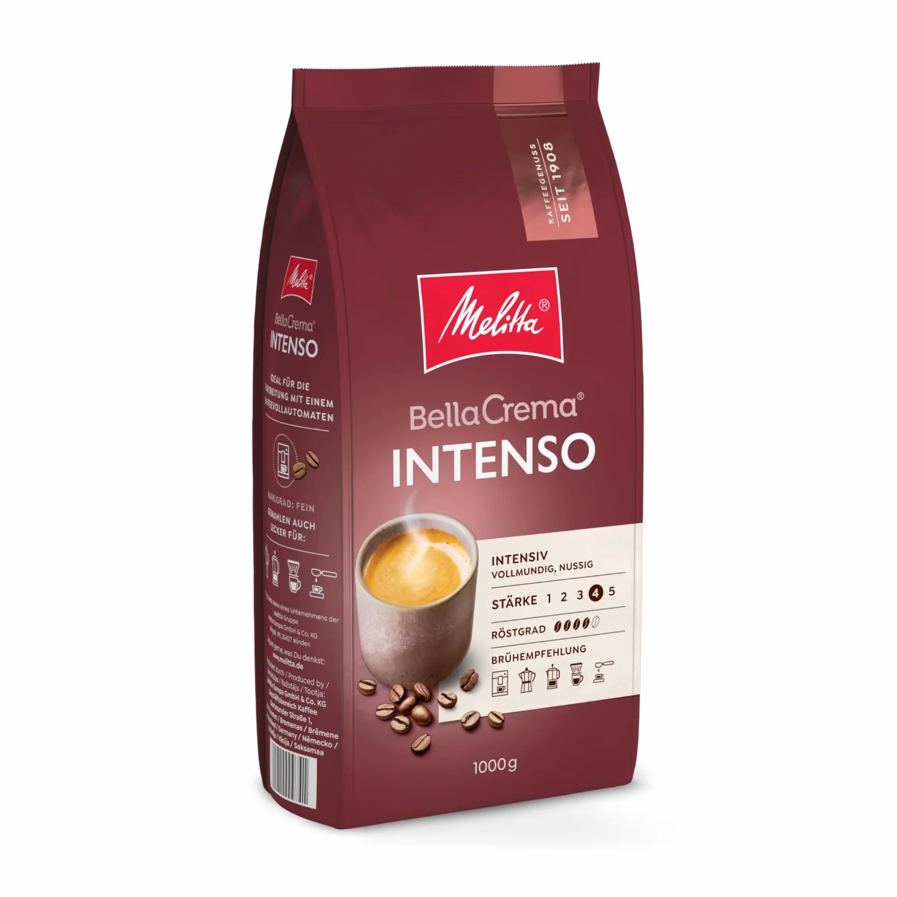 Melitta Ganze Kaffeebohnen, 100% arabica, starkes Aroma, Intensiver Geschmack, Stärke 4, BellaCrema Intenso, 1 kg